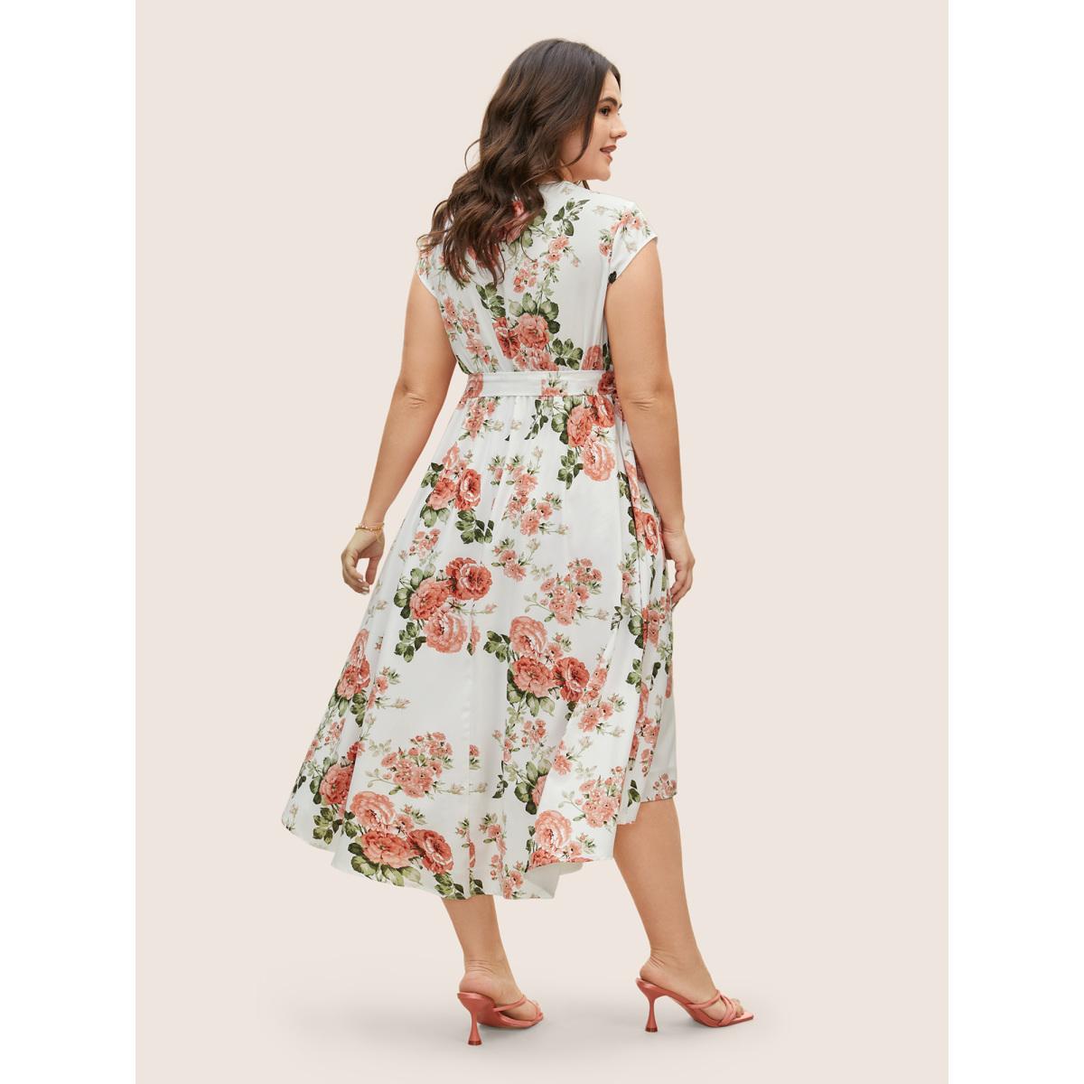 Plus Size Surplice Neck Floral Cap Sleeve Dress Ivory Women Elegant Texture V-neck Cap Sleeve Curvy BloomChic 14-16/1X Product Image