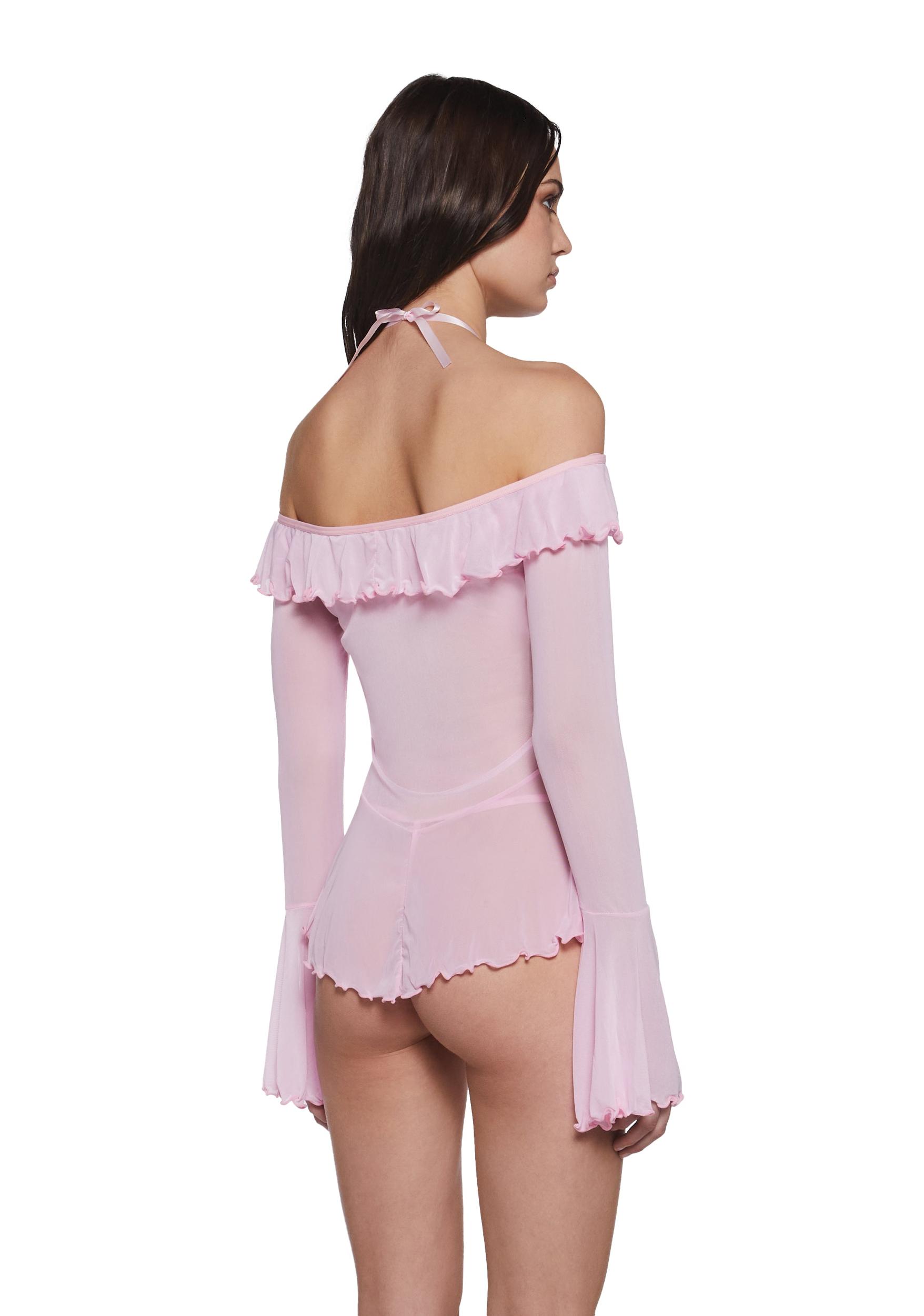 Womens Bell Sleeve Dress And Thong Panty Lingerie Set - Pink Product Image