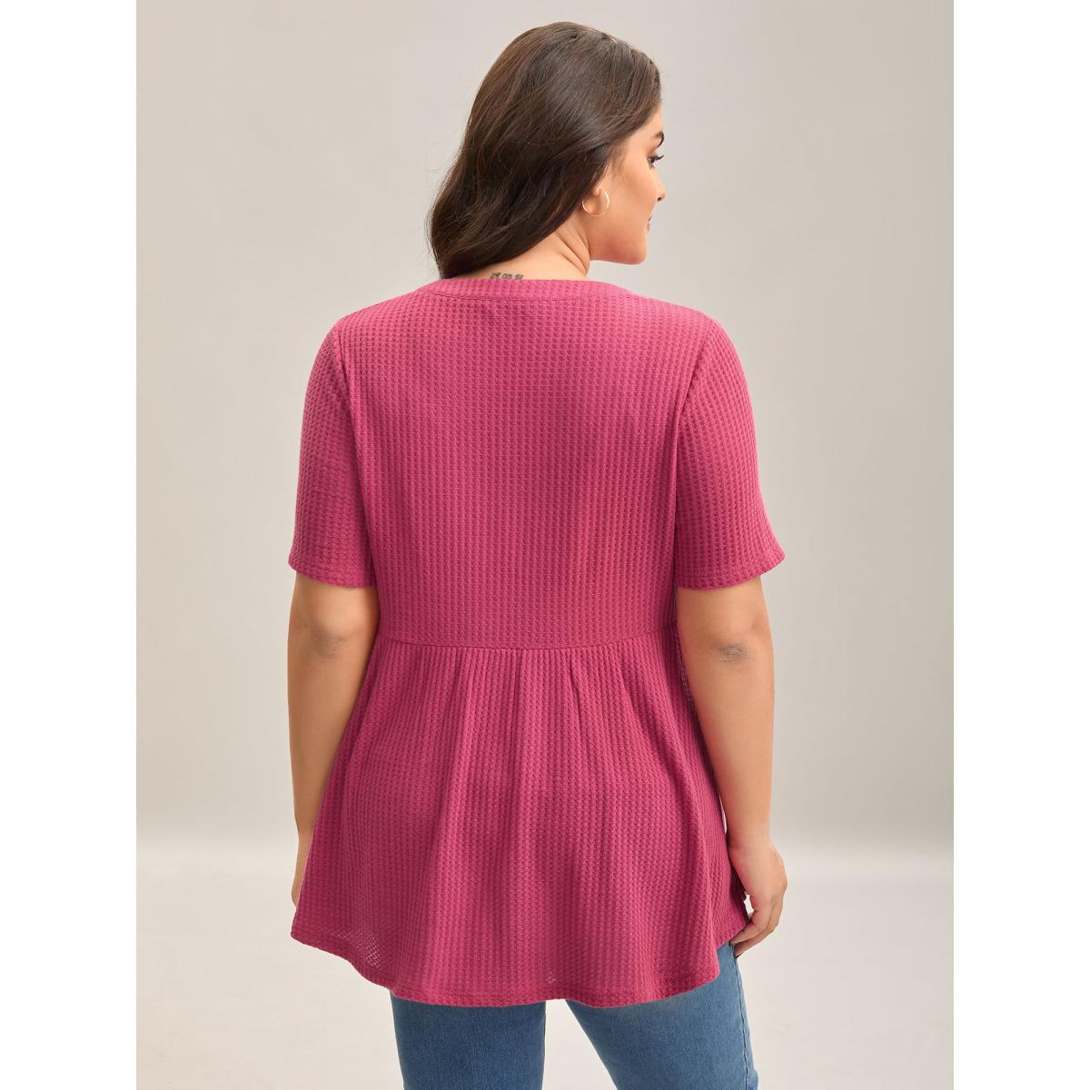 Plus Size Textured Notched Neck Button Plain T-Shirt Peach Women Leisure Texture Notched collar Bodycon Casual T-shirts BloomChic 28/5X Product Image