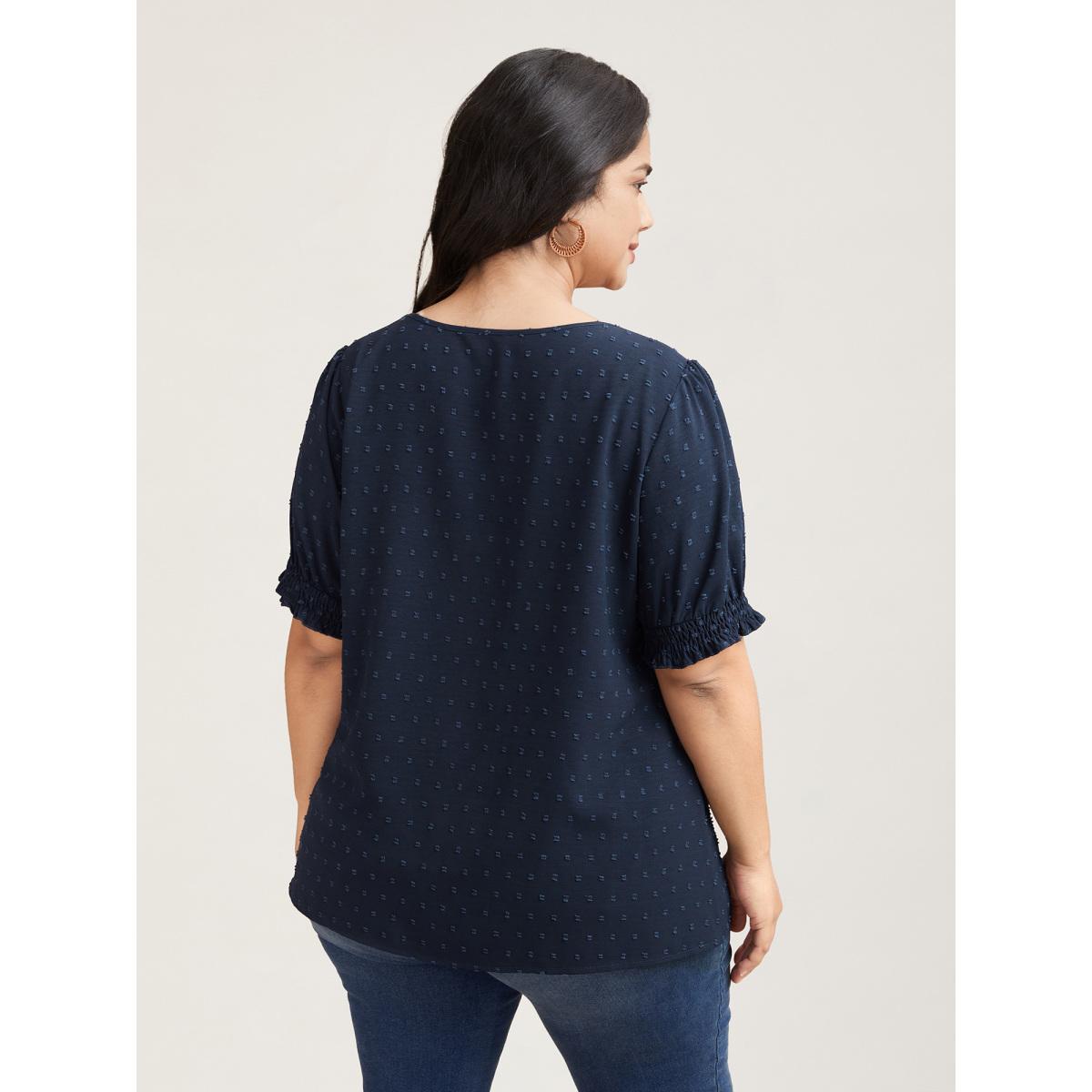 Plus Size Indigo Shirred Puff Sleeve Neck-Tie Shirt Women Office Short sleeve Round Neck Vacation Blouses BloomChic 14-16/1X Product Image