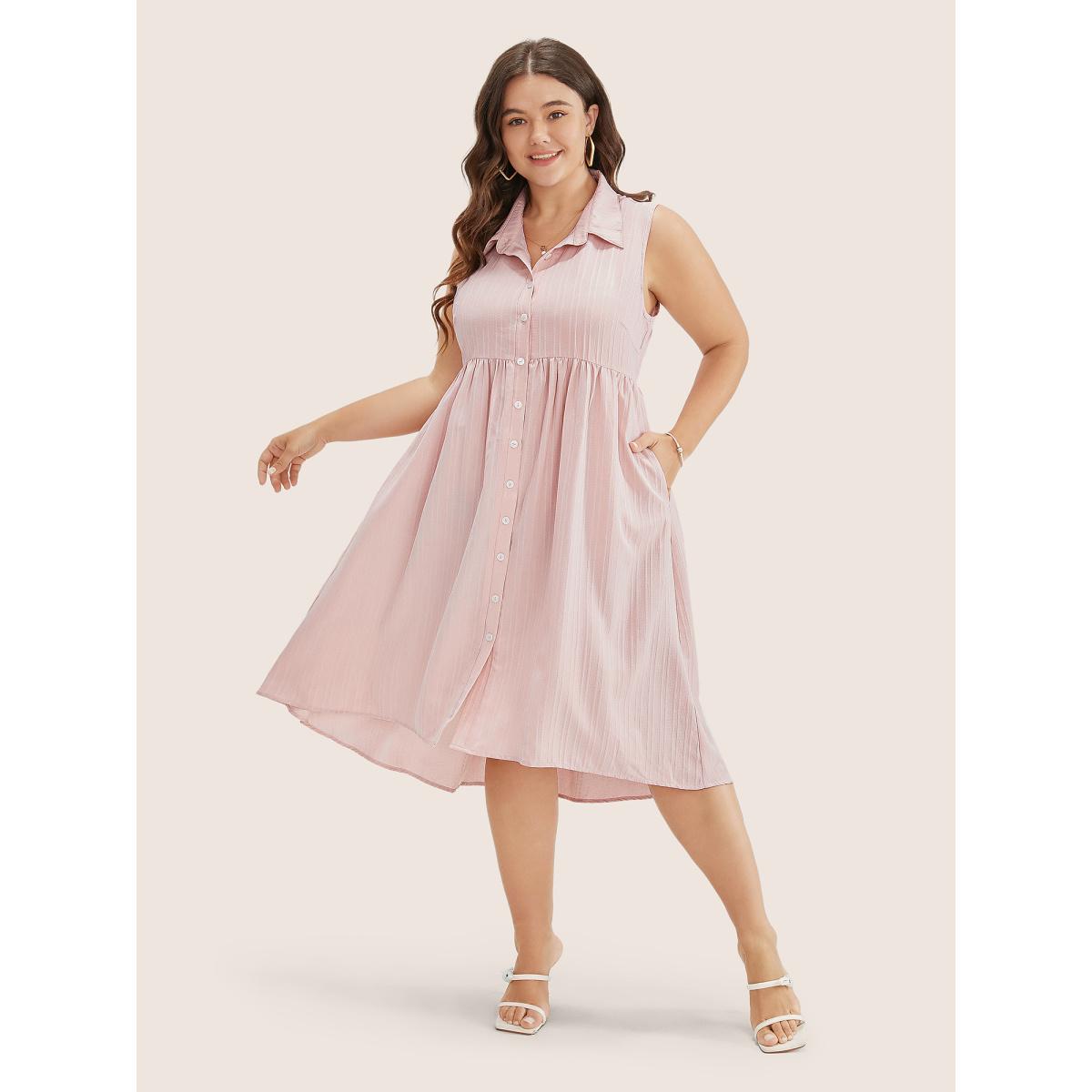 Plus Size Solid Shirt Collar Ruffle Pocket High Low Hem Button Up Dress Crepe Women At the Office Non Polo Sleeveless Curvy Midi Dress BloomChic 14-16/1X Product Image