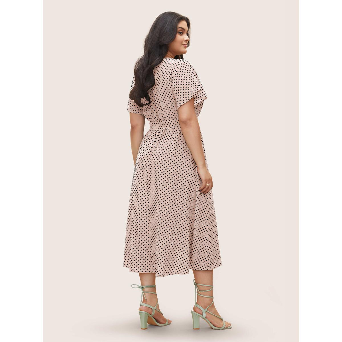Plus Size Polka Dot Flutter Trim Belted Overlap Collar Dress Crepe Women Elegant Non Overlap Collar Short sleeve Curvy Midi Dress BloomChic 30/6X Product Image