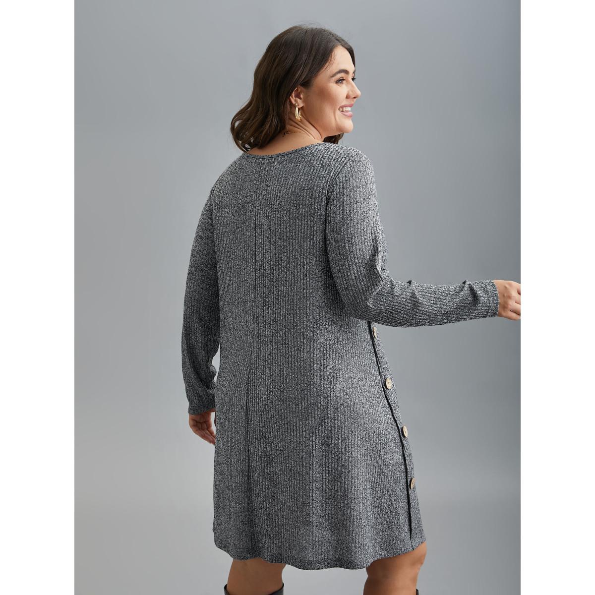 Plus Size Crew Neck HeatherRibbed Knit Dress DimGray Women Leisure Button Knit Dresses Bloomchic 28/5X Product Image