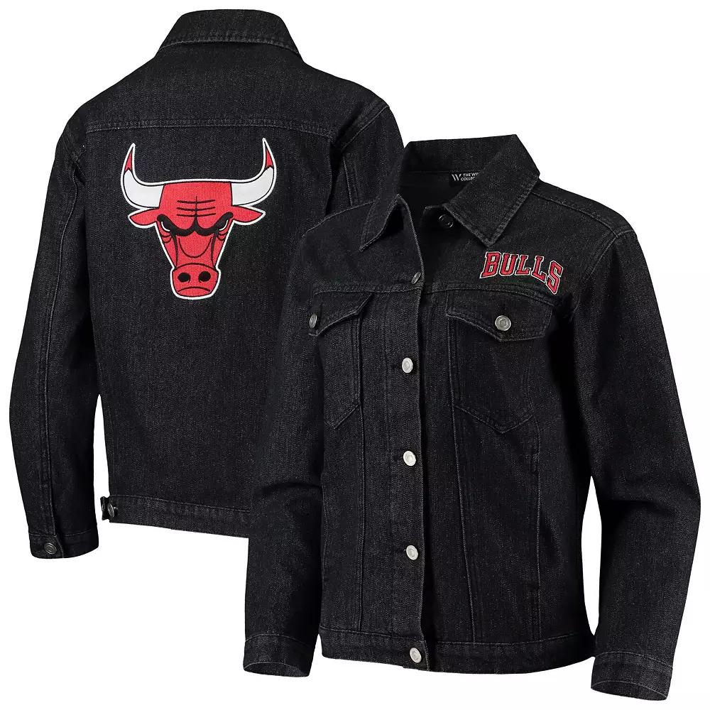 Women's The Wild Collective Black Chicago Bulls Patch Denim Button-Up Jacket,  Product Image