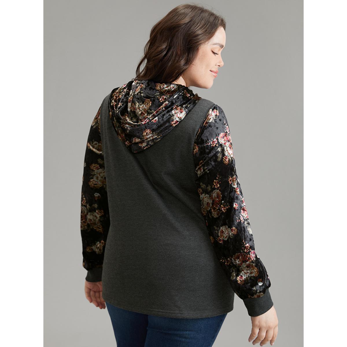 Plus Size Velvet Patchwork Floral Print Kangaroo Pocket Sweatshirt Women DimGray Elegant Velvet Hooded Dailywear Sweatshirts BloomChic 12/L Product Image