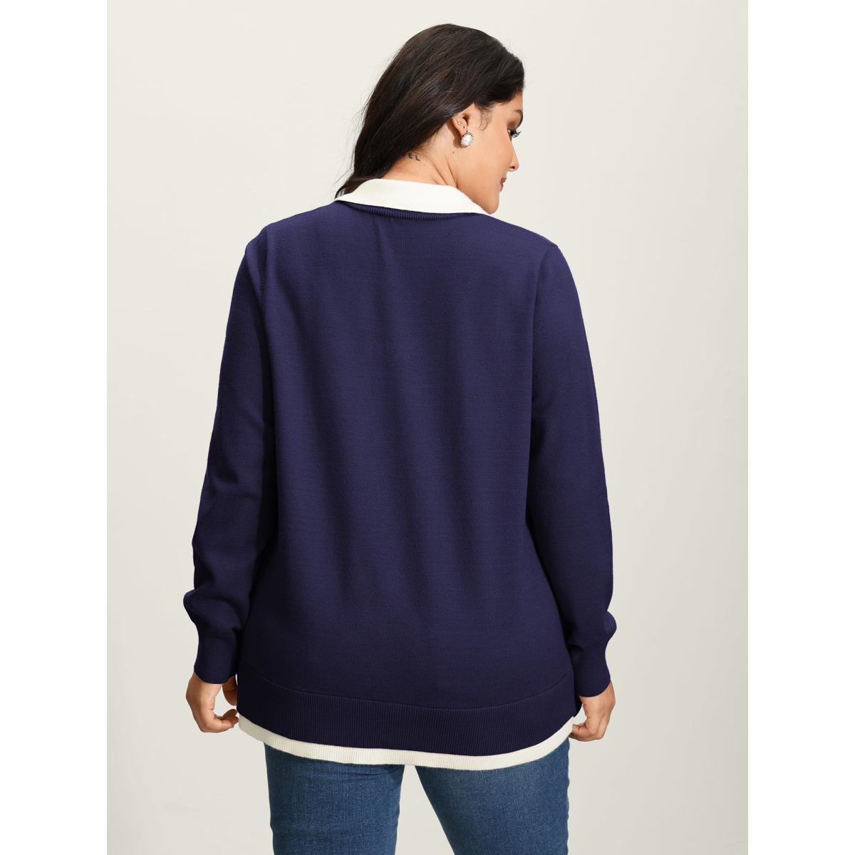 Plus Size Supersoft 2-in-1 Polo Collar Color Contrast Pullover Navy Women Office Loose Long Sleeve Polo Office Pullovers BloomChic 28/5X Product Image