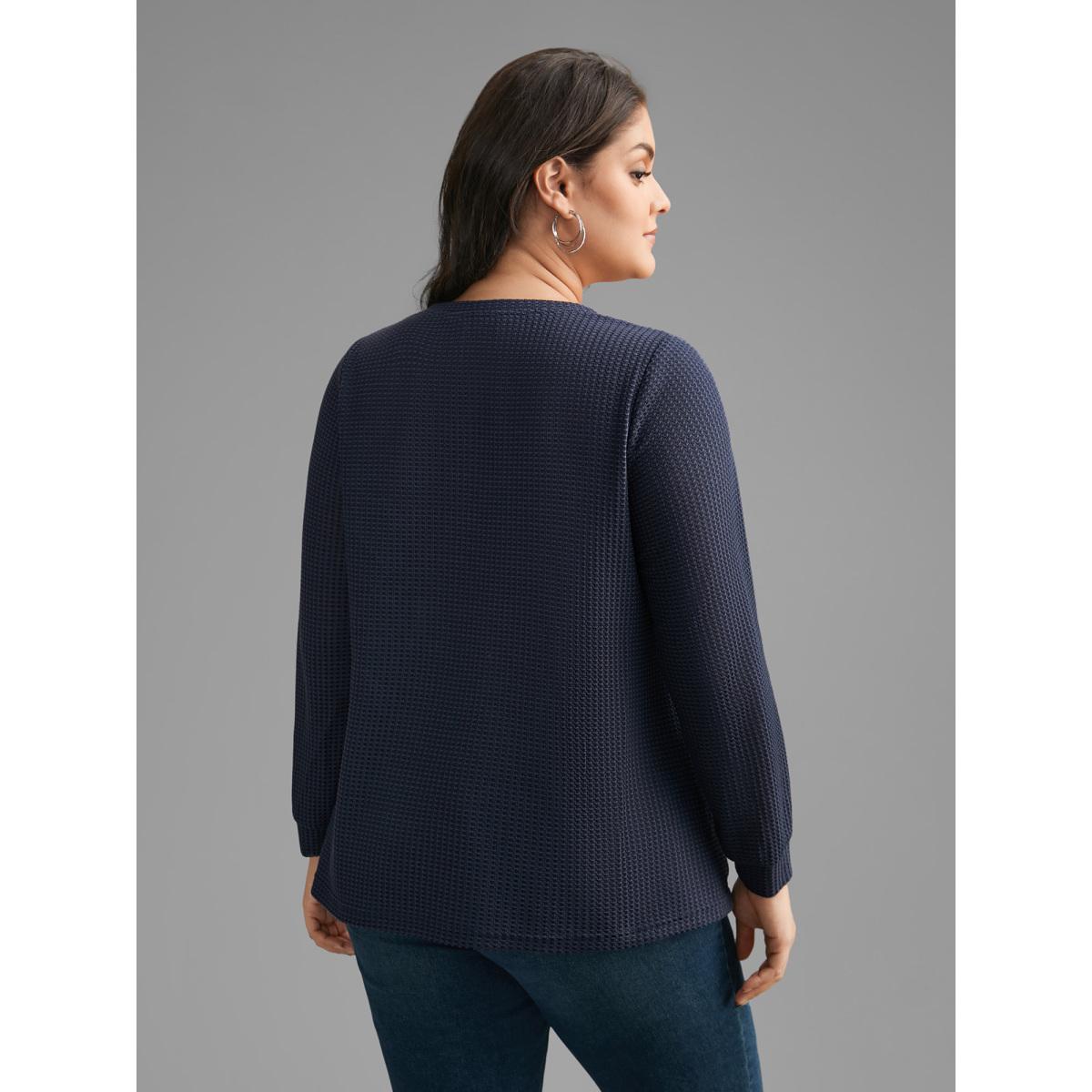 Plus Size Natural Flowers Patchwork Woven Ribbon T-shirt Indigo Women Casual Woven ribbon&lace trim Round Neck Everyday T-shirts BloomChic 10/M Product Image