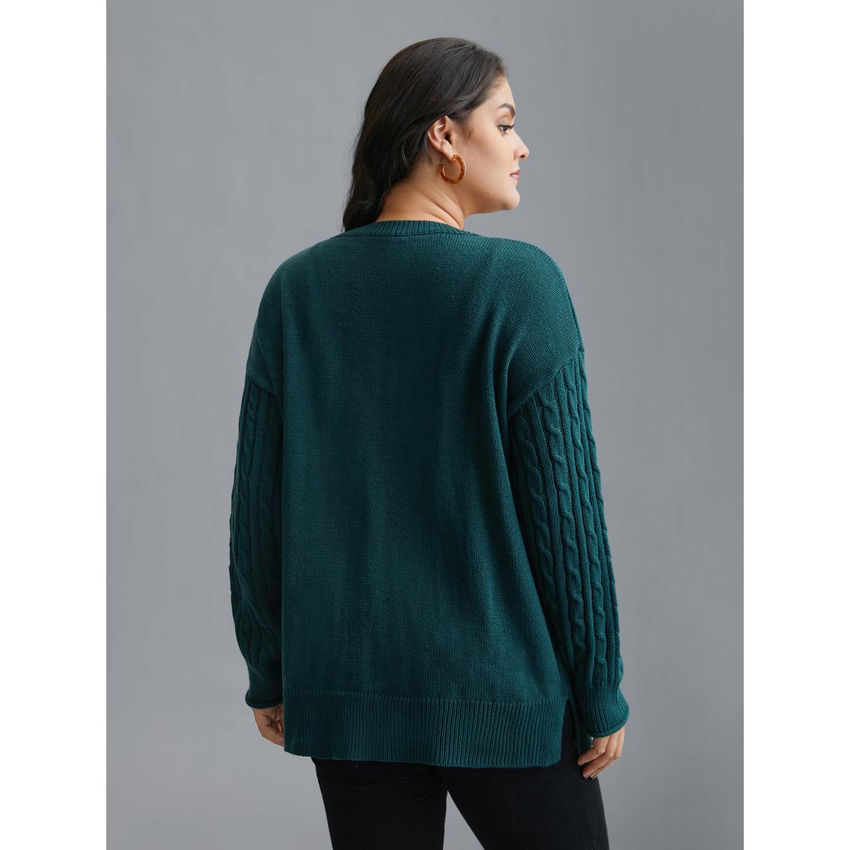 Plus Size Cable Knit Sleeve Chest Pocket Pullover Cyan Women Casual Loose Long Sleeve Round Neck Everyday Pullovers BloomChic 30/6X Product Image