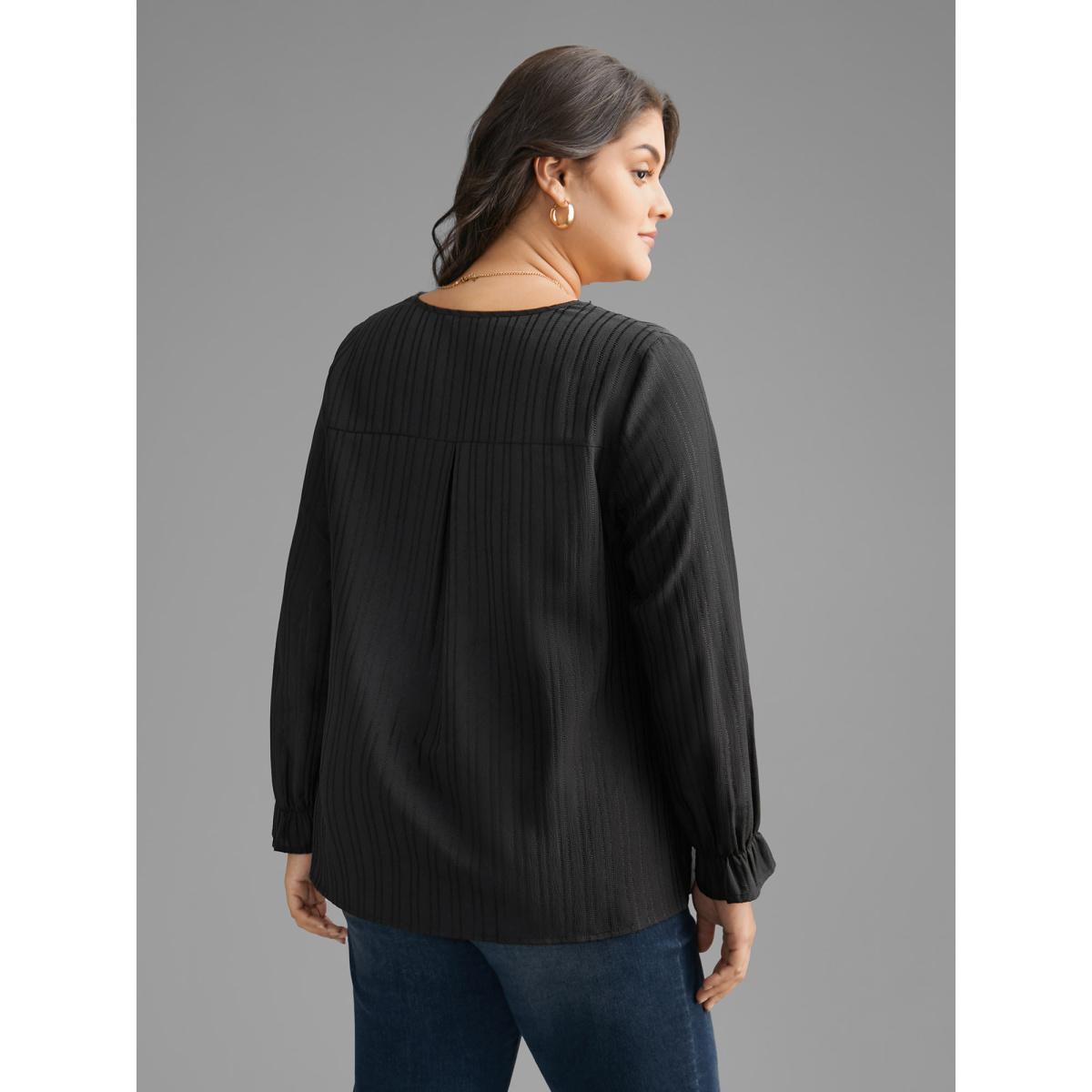 Plus Size Black Textured Lace Patchwork Pleated Blouse Women Elegant Long Sleeve V-neck Everyday Blouses BloomChic 30/6X Product Image