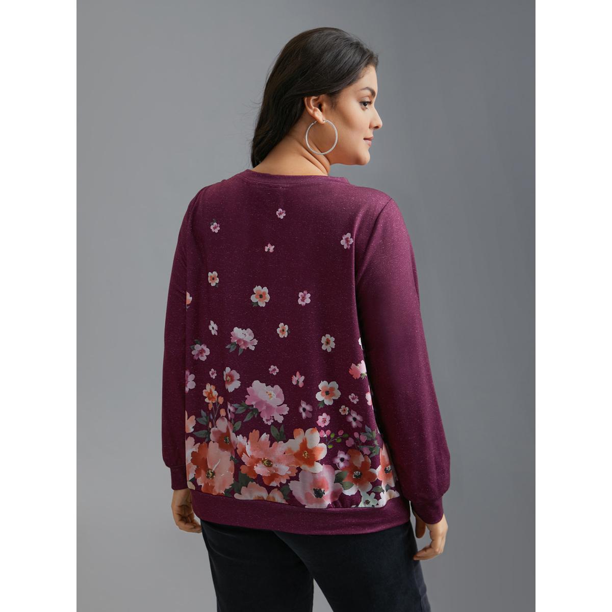 Plus Size Round Neck Floral Stretchy Sleeve Sweatshirt Women Deeppurplered Casual Non Round Neck Everyday Sweatshirts BloomChic 26/4X Product Image