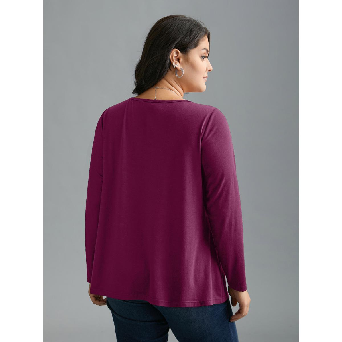 Plus Size Sequin Stretchy Long Sleeve T-shirt RedViolet Women Elegant Rhinestone detailing Heart neckline Everyday T-shirts BloomChic 28/5X Product Image