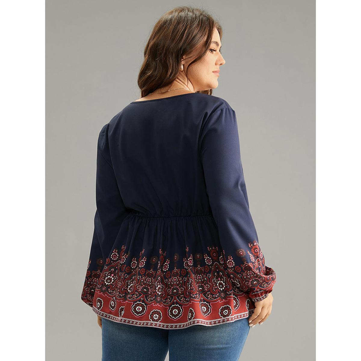 Plus Size Indigo Boho Print Lantern Sleeve Tie Neck Elastic Waist Blouse Women Vacation Long Sleeve Tie Neck Vacation Blouses BloomChic 28/5X Product Image