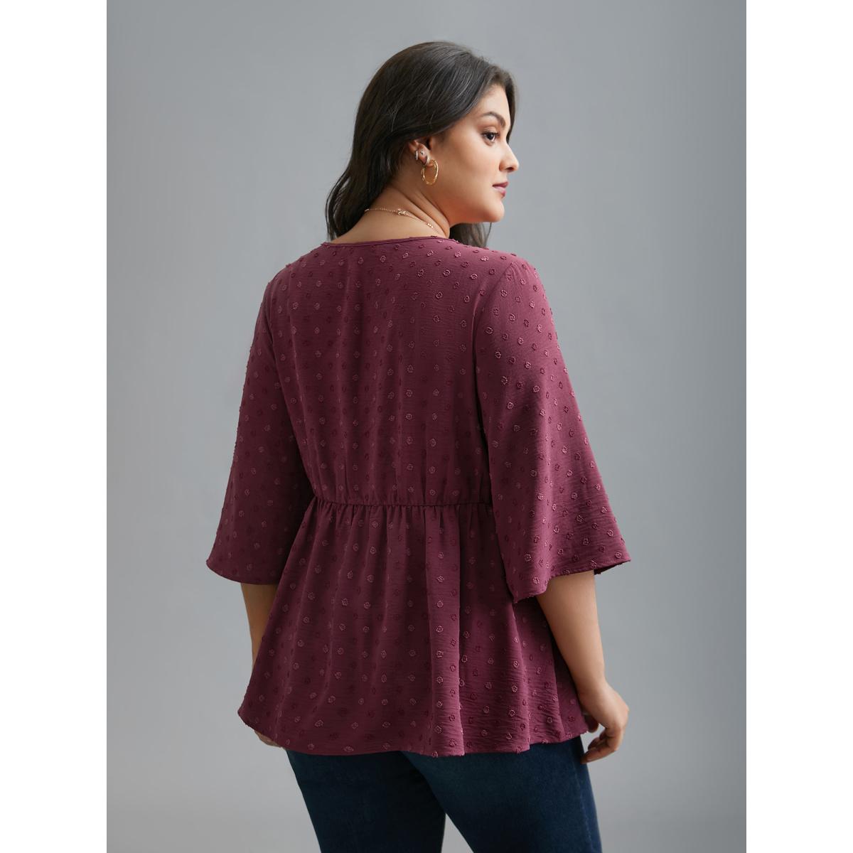 Plus Size Plum Ruffled Pleated Stretchy Waist Flowy Blouse Women Elegant Elbow-length sleeve V-neck Everyday Blouses BloomChic 14-16/1X Product Image