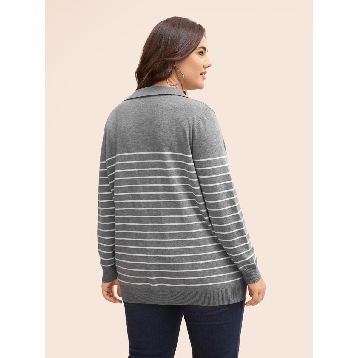 Plus Size Supersoft Essentials Striped Knit Pullover Mediumgray Women Workwear Essentials Three Quater Length Sleeve Polo Work Pullovers BloomChic 18-20/2X Product Image