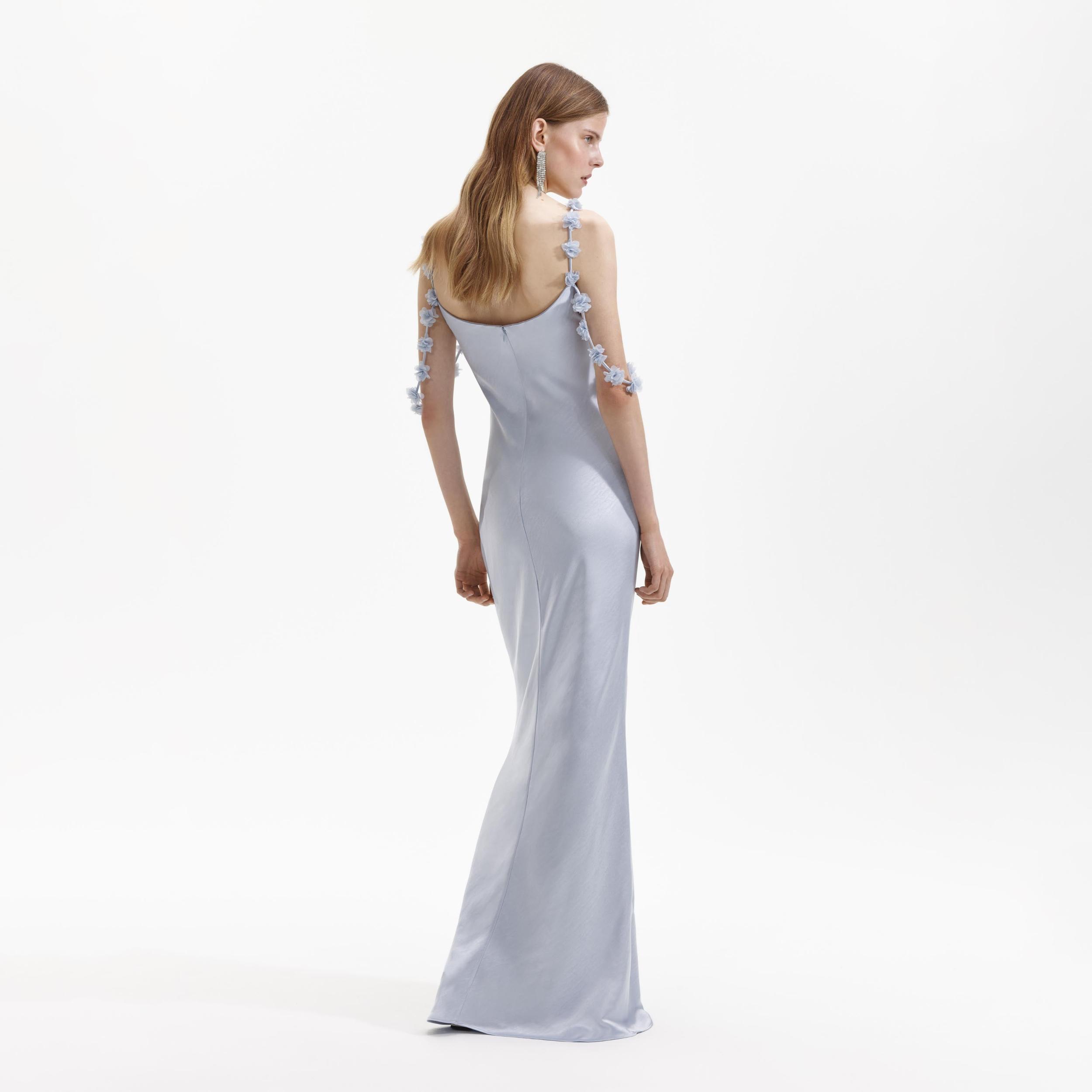 Blue Satin Flower Maxi Dress Product Image