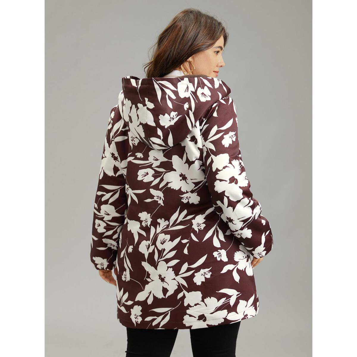 Plus Size Silhouette Floral Print Fuzzy Zipper Hooded Coat Women Scarlet Casual Lined Ladies Dailywear Winter Coats BloomChic 22-24/3X Product Image