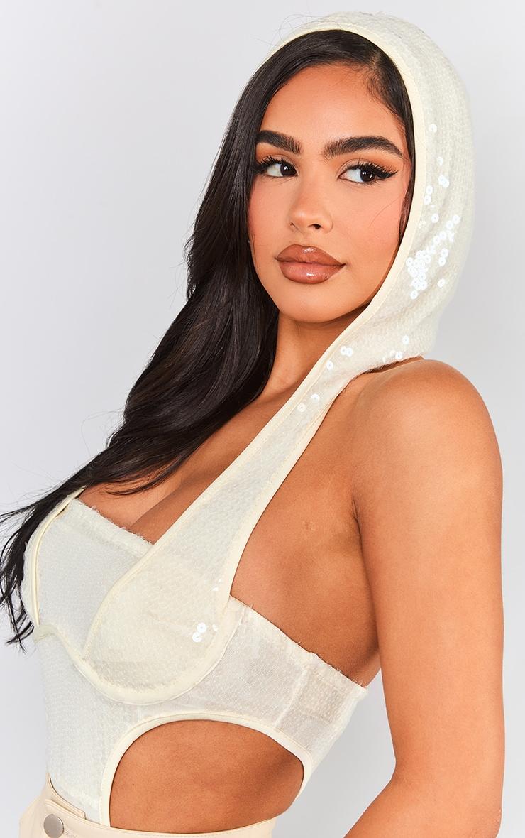 Petite White Sequin Cut Out Bodysuit With Hood Product Image