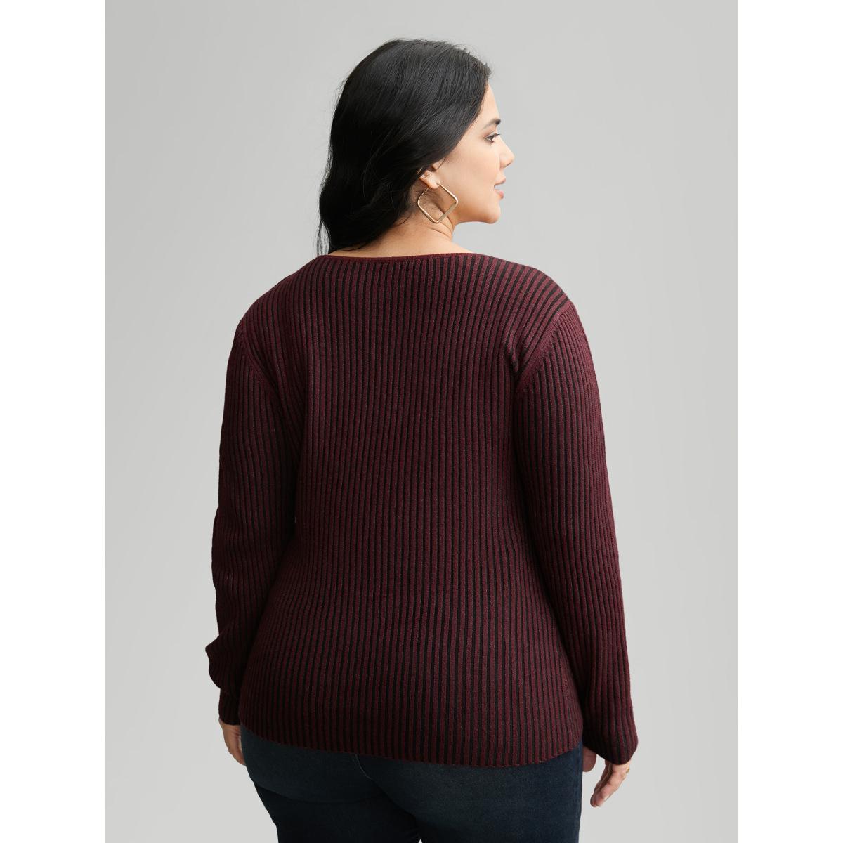 Plus Size Essentials Texture V Neck Pullover Deeppurplered Women Leisure Skinny Long Sleeve V-neck Casual Pullovers BloomChic 14-16/1X Product Image