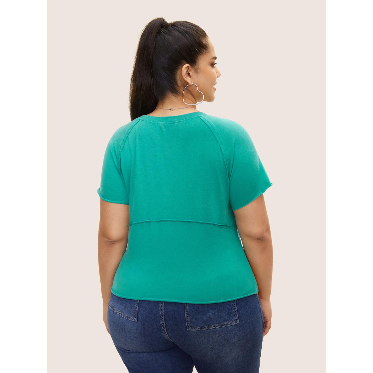 Plus Size Round Neck Pleated Raglan Sleeve T-shirt Teal Women Casual Non Round Neck Bodycon Everyday T-shirts BloomChic 26/4X Product Image