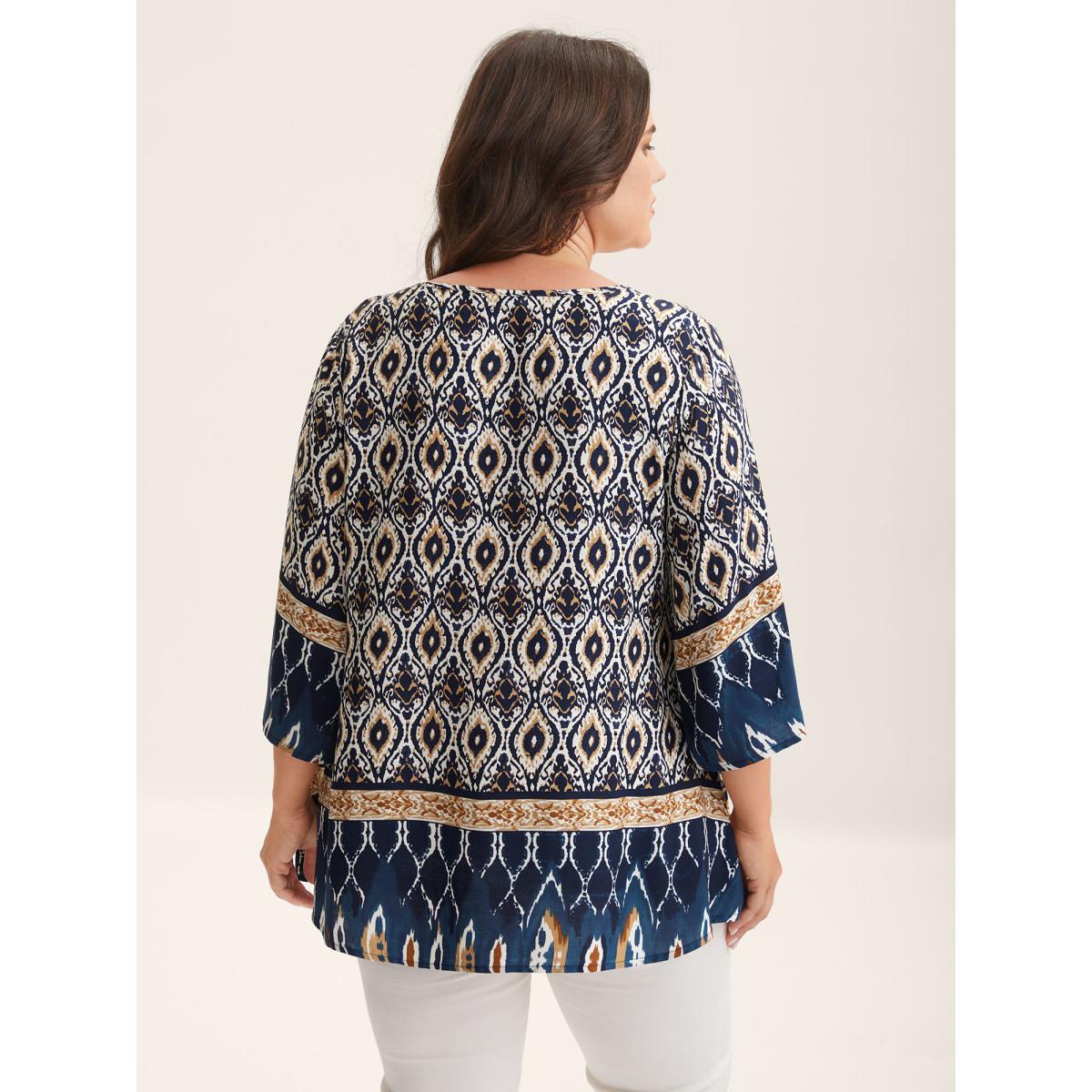 Plus Size Indigo Pin-Tuck Pleat Ornate Print Relaxed Fit Shirt Women Boho Elbow-length sleeve V-neck Vacation Blouses BloomChic 18-20/2X Product Image
