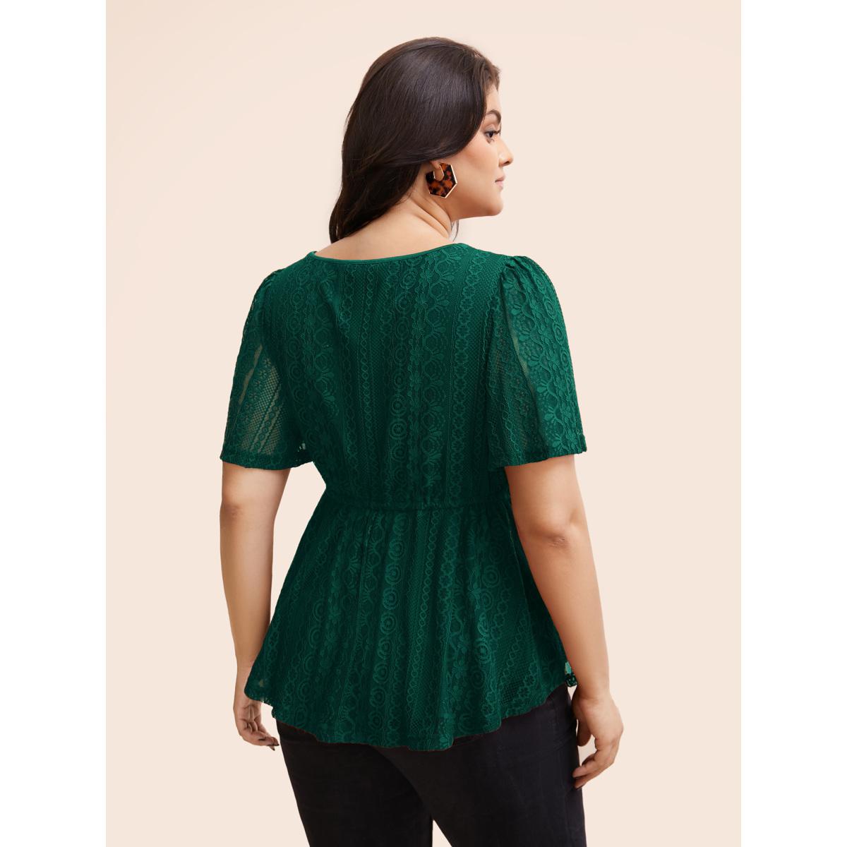 Plus Size DarkGreen V Neck Lace Panel Drawstring Blouse Women Romantic Short sleeve V-neck Elegant Blouses BloomChic 26/4X Product Image