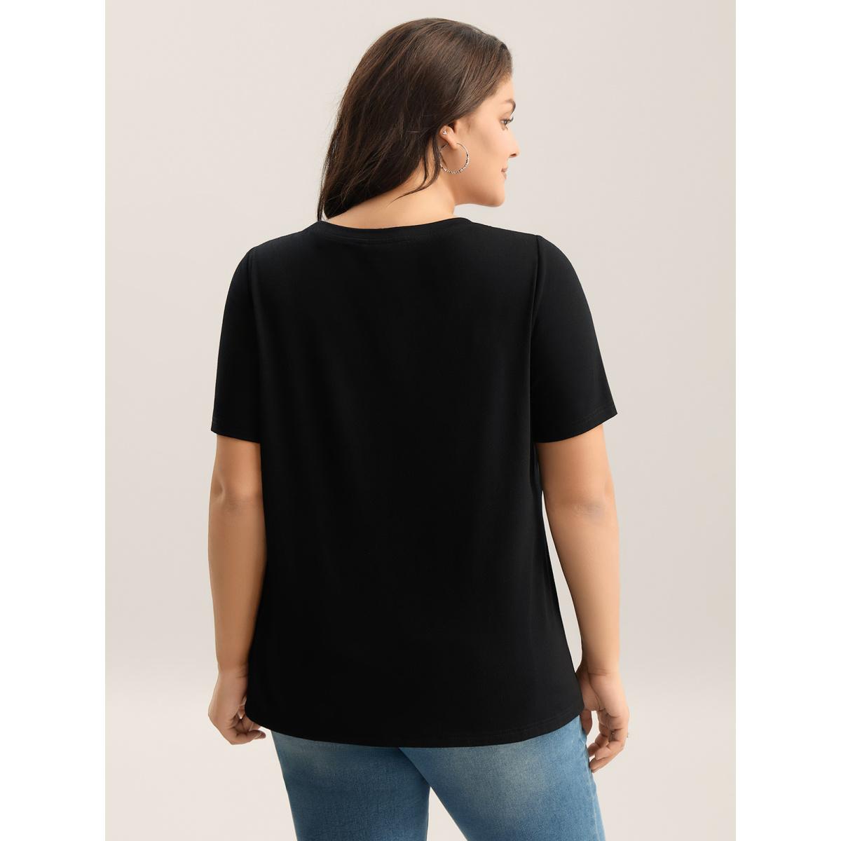 Plus Size Floral Embroidered Neck Solid T-Shirt Black Women Playful Embroidered Round Neck Casual T-shirts BloomChic 26/4X Product Image