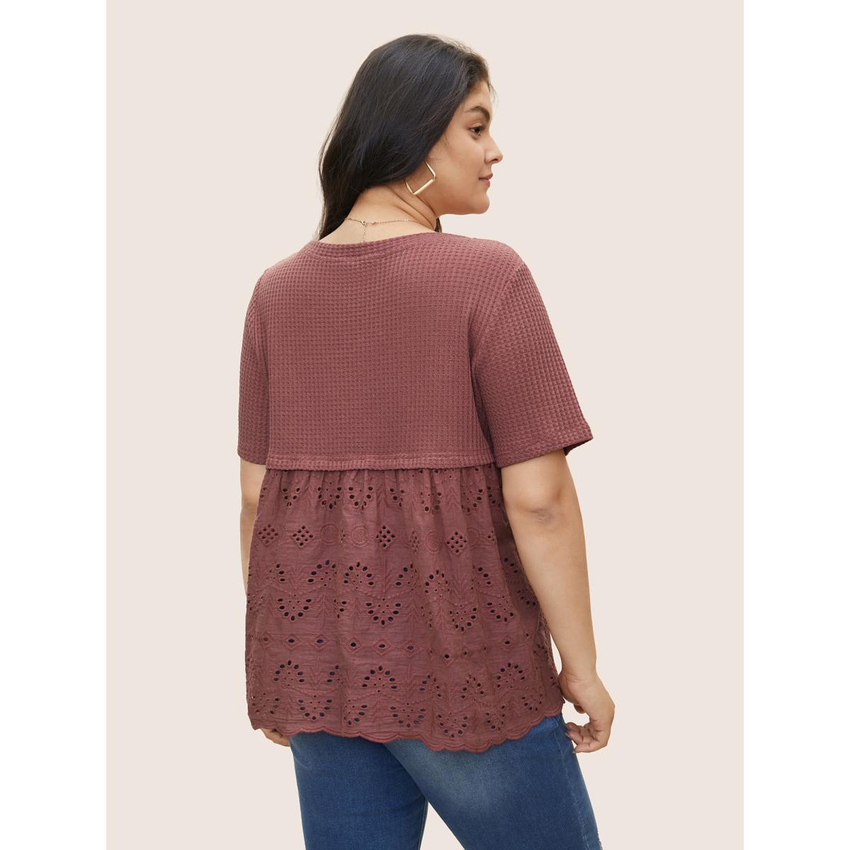 Plus Size Waffle Knit Patchwork Broderie Anglaise T-shirt DustyPink Women Casual Texture Plain Round Neck Everyday T-shirts BloomChic 10/M Product Image