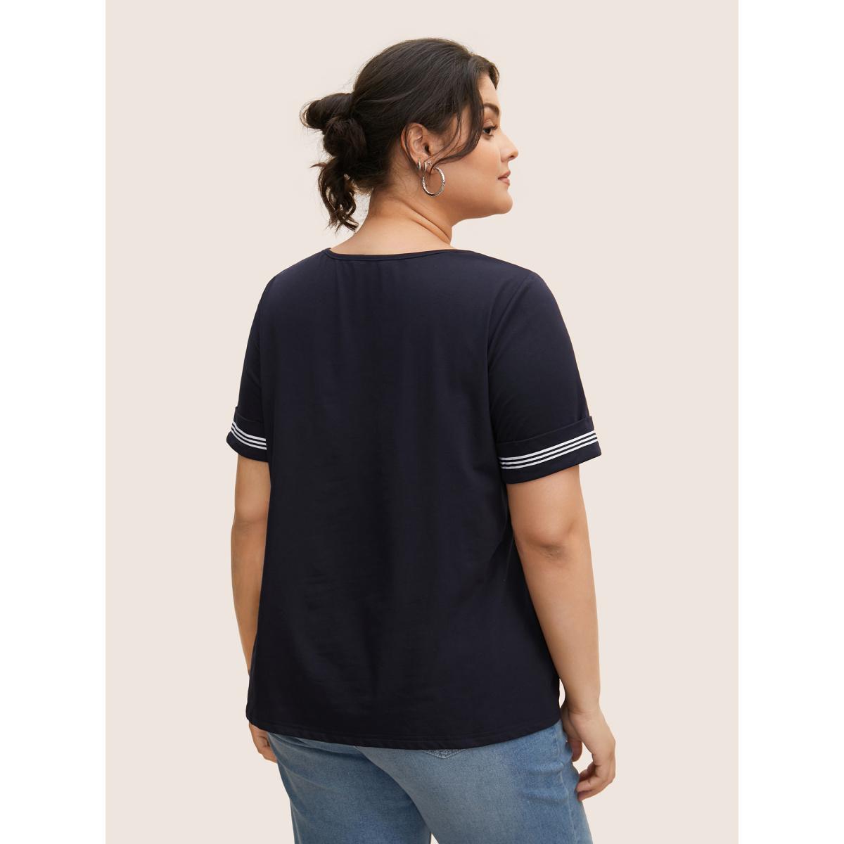 Plus Size Round Neck Contrast Webbing Cuffed Sleeve T-shirt Midnight Women Casual Contrast Round Neck Everyday T-shirts BloomChic 12/L Product Image