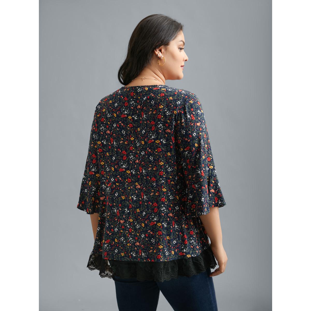 Plus Size Indigo V-Neck Floral Print Lace Hem Blouse Women Elegant Elbow-length sleeve V-neck Everyday Blouses BloomChic 14-16/1X Product Image