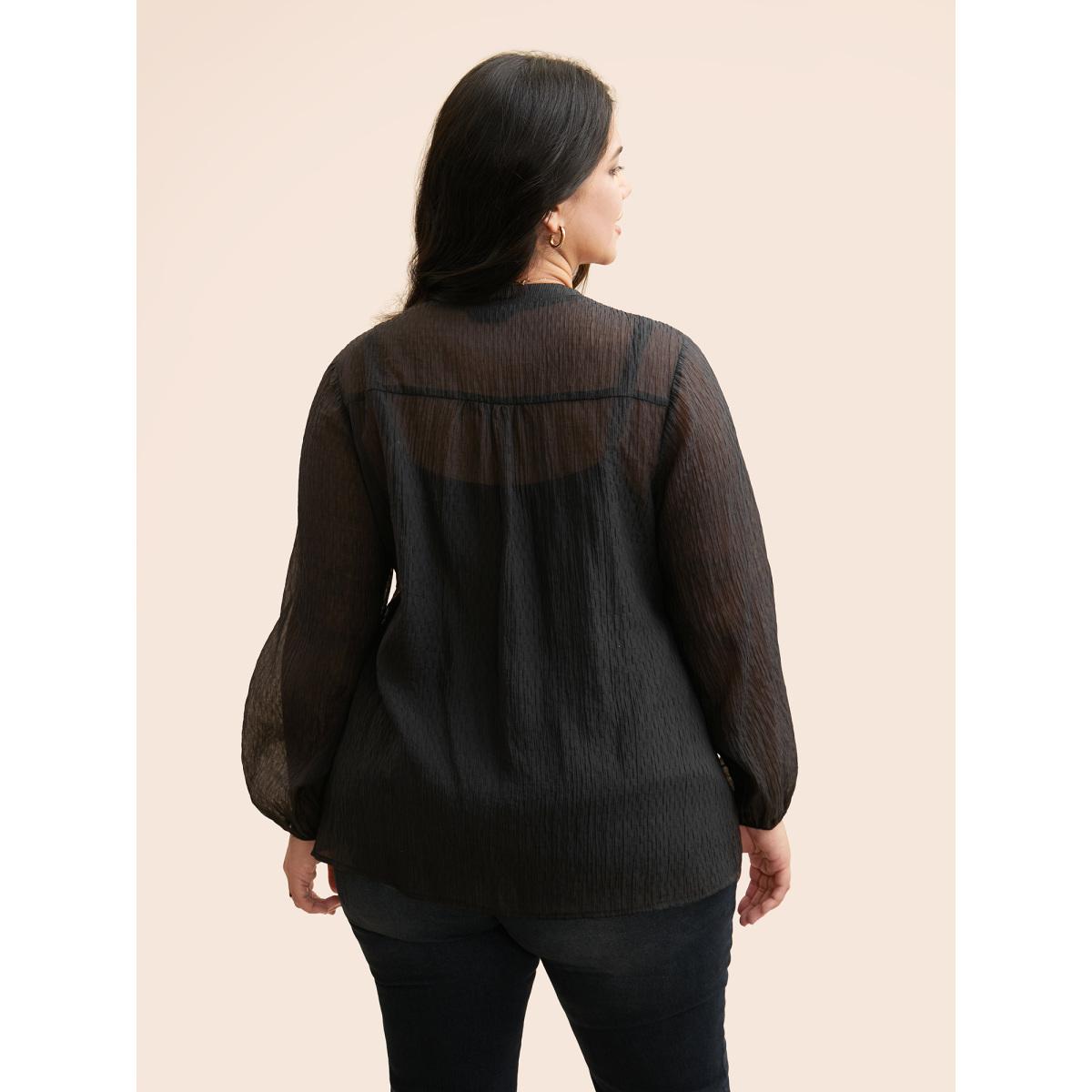 Plus Size Black Textured Lace Panel Pleated Blouse Women Elegant Long Sleeve V-neck Everyday Blouses BloomChic 26/4X Product Image