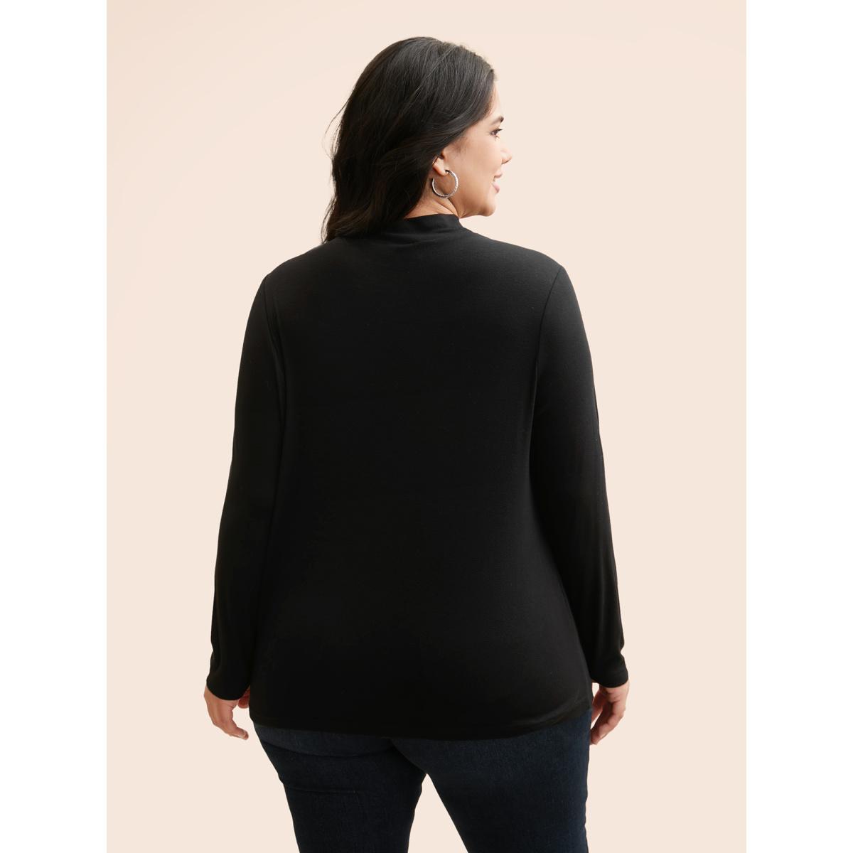 Plus Size Mock Neck Mesh Patchwork Stretchy T-shirt Black Women Casual See through Stand-up collar Everyday T-shirts BloomChic 22-24/3X Product Image