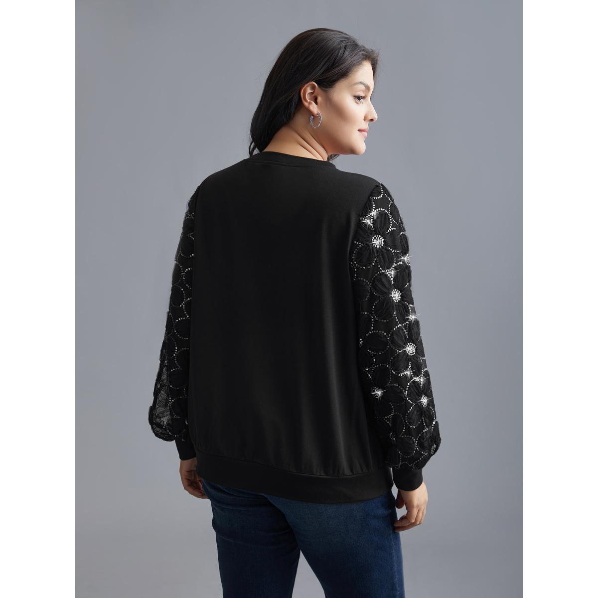 Plus Size Floral Sequin Mesh Patchwork Sweatshirt Women Black Elegant Patchwork Round Neck Everyday Sweatshirts BloomChic 12/L Product Image