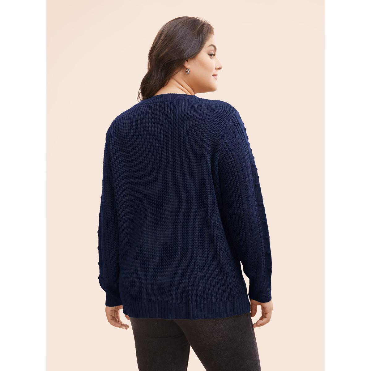 Plus Size Solid Round Neck Cable Knit Pullover Indigo Women Leisure Long Sleeve Round Neck Casual Pullovers BloomChic 18-20/2X Product Image