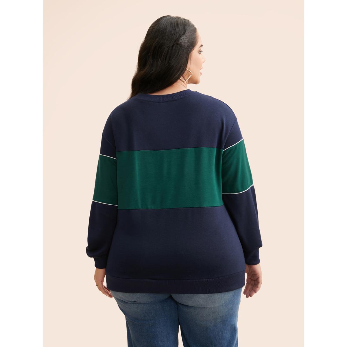 Plus Size Crew Neck Letter Print Contrast Sweatshirt Women Navy Casual Contrast Round Neck Everyday Sweatshirts BloomChic 18-20/2X Product Image