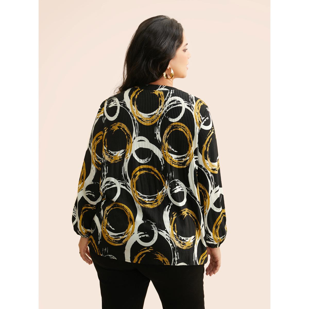 Plus Size BlackFlower Brush Print Pleated Lantern Sleeve Blouse Women At the Office Long Sleeve V-neck Work Blouses BloomChic 12/L Product Image
