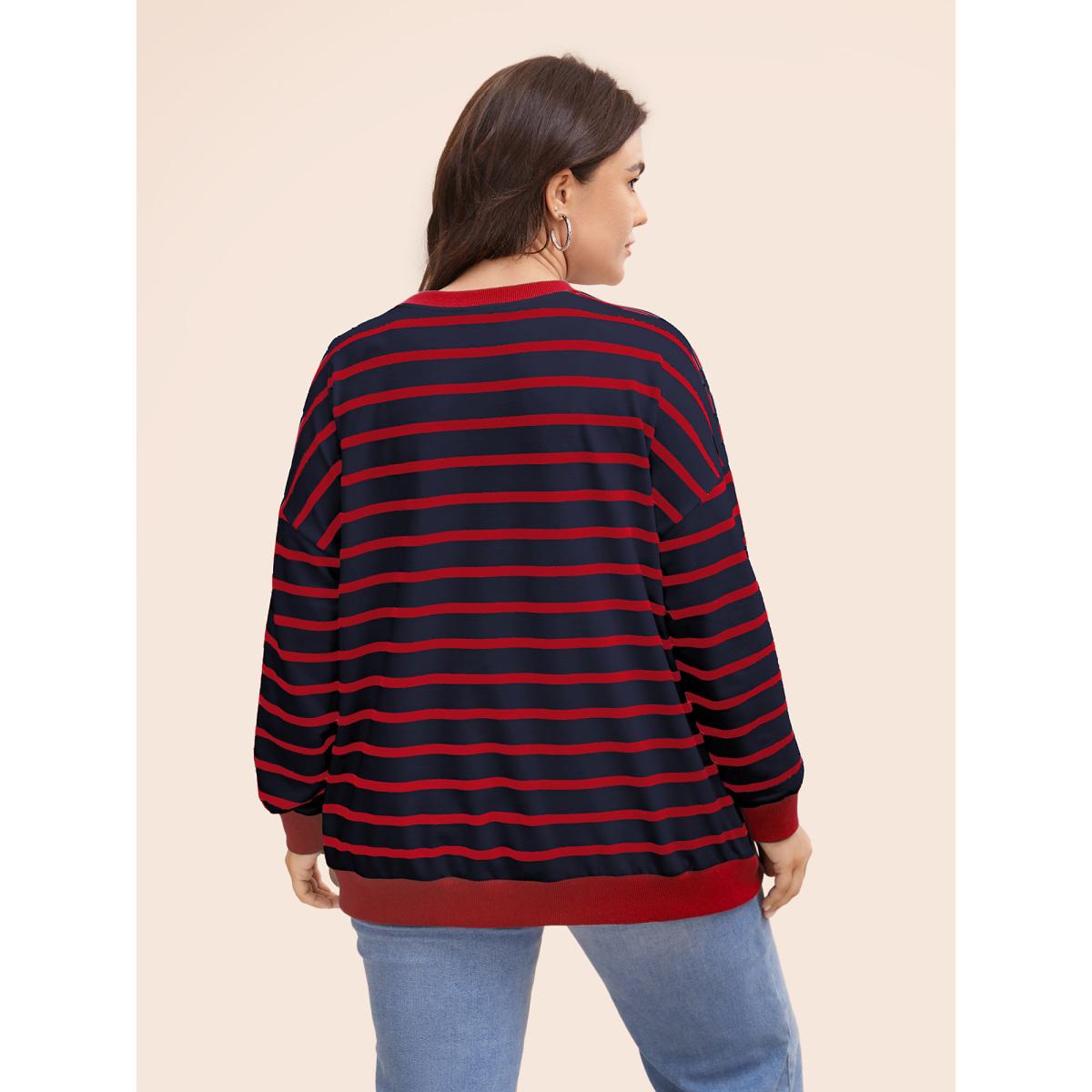 Plus Size Striped Contrast Trim Stitch Sweatshirt Women Indigo Casual Topstitching Round Neck Everyday Sweatshirts BloomChic 22-24/3X Product Image