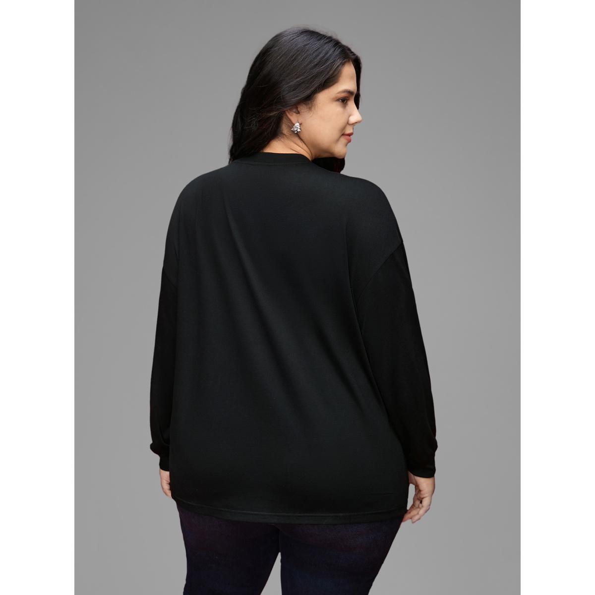 Plus Size Rhinestone Embellished Shoulder Round Neck Tee Black Women Casual Rhinestone detailing Round Neck Everyday T-shirts BloomChic 14-16/1X Product Image
