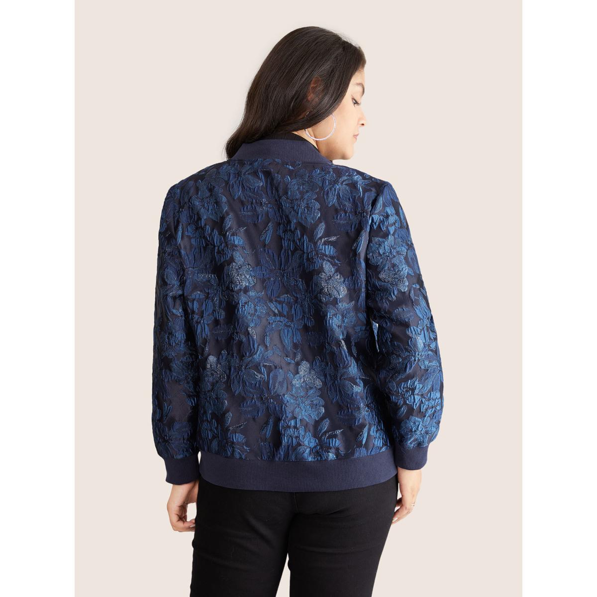 Plus Size Floral Patchwork Zipper Jacquard Jacket Women Indigo Elastic cuffs Pocket Everyday Jackets BloomChic 12/L Product Image
