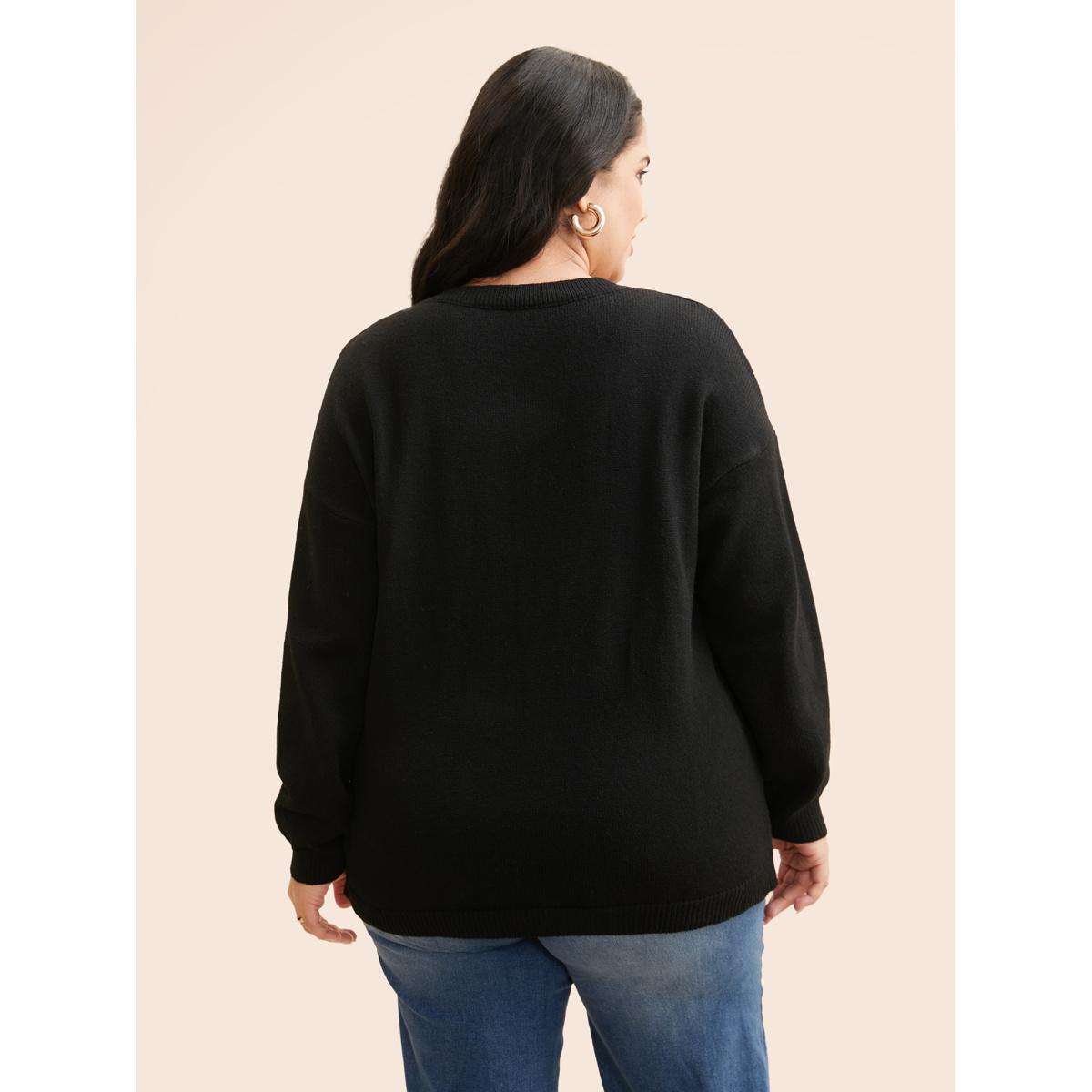Plus Size Dog Jacquard Fluffy Drop Shoulder Pullover Black Women Casual Long Sleeve Round Neck Everyday Pullovers BloomChic 22-24/3X Product Image