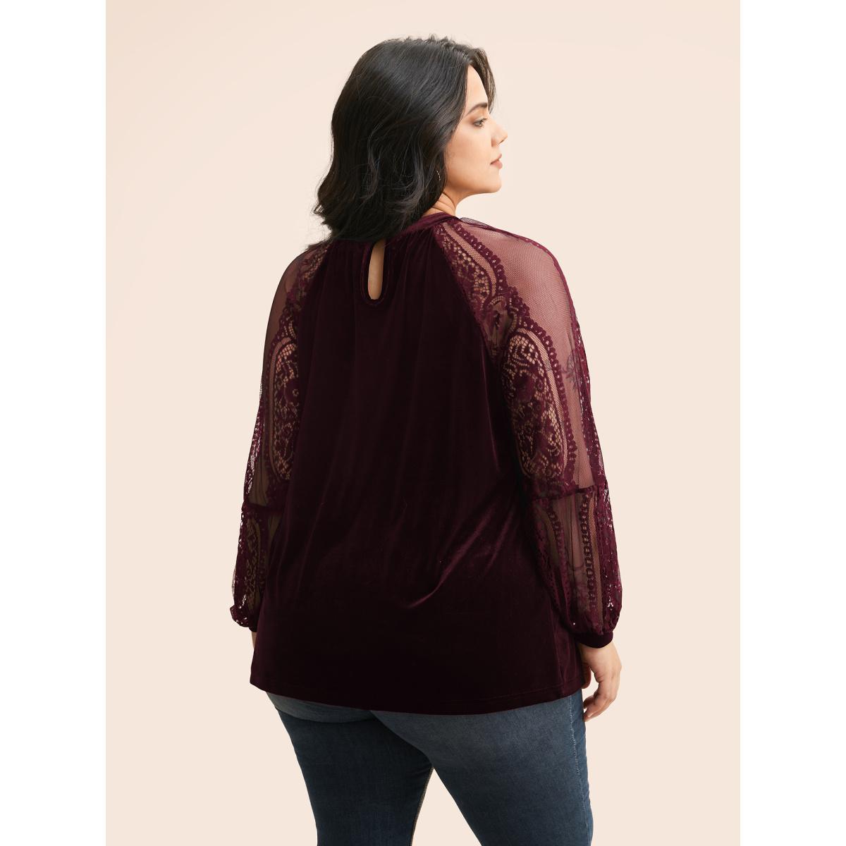 Plus Size Burgundy Lace Patchwork Velvet Raglan Sleeve Blouse Women Elegant Long Sleeve Stand-up collar Everyday Blouses BloomChic 10/M Product Image