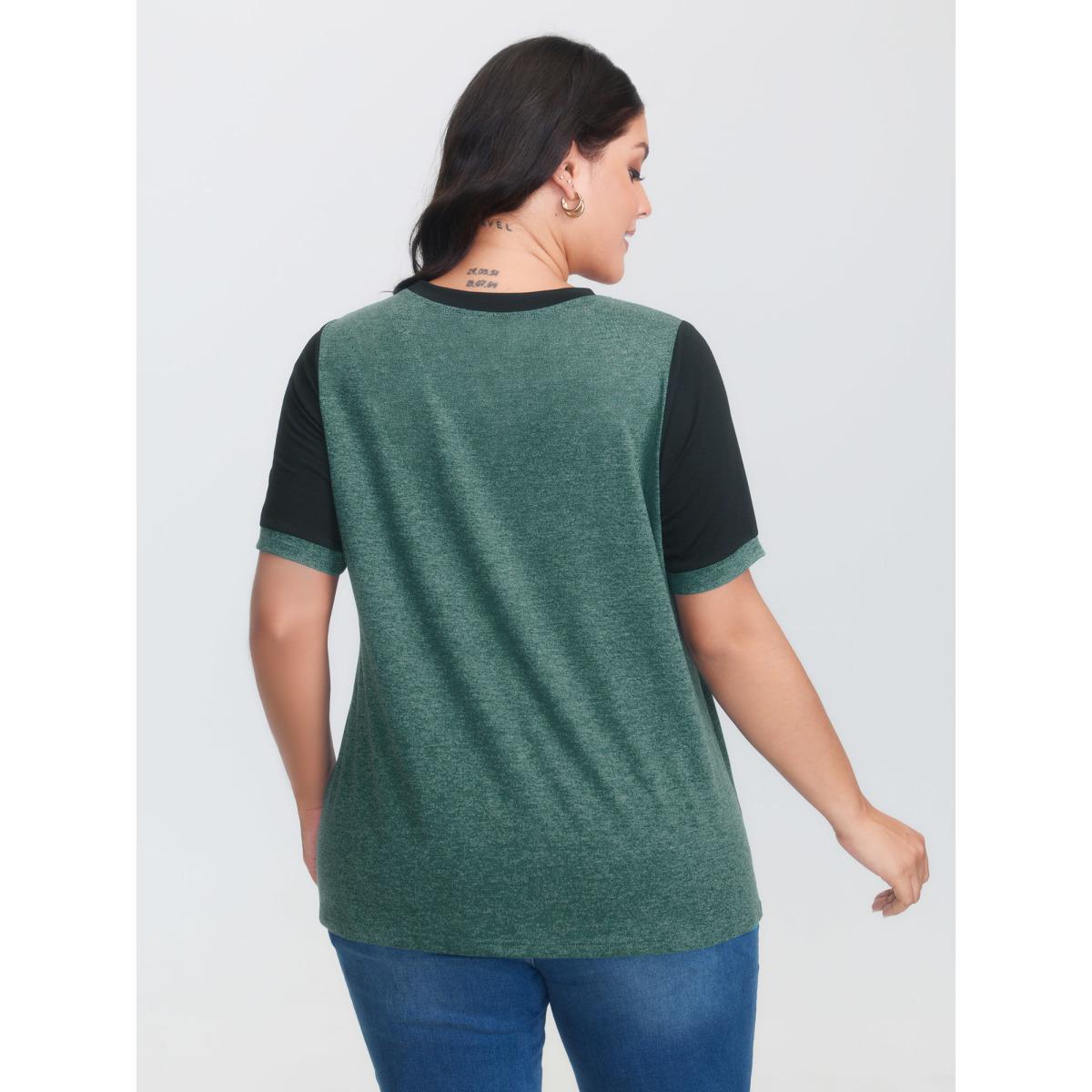 Plus Size Stretchy Scalloped Lace Color Contrast T-Shirt DarkSlateGray Women Timeless Contrast Plain Round Neck Elegant T-shirts BloomChic 10/M Product Image