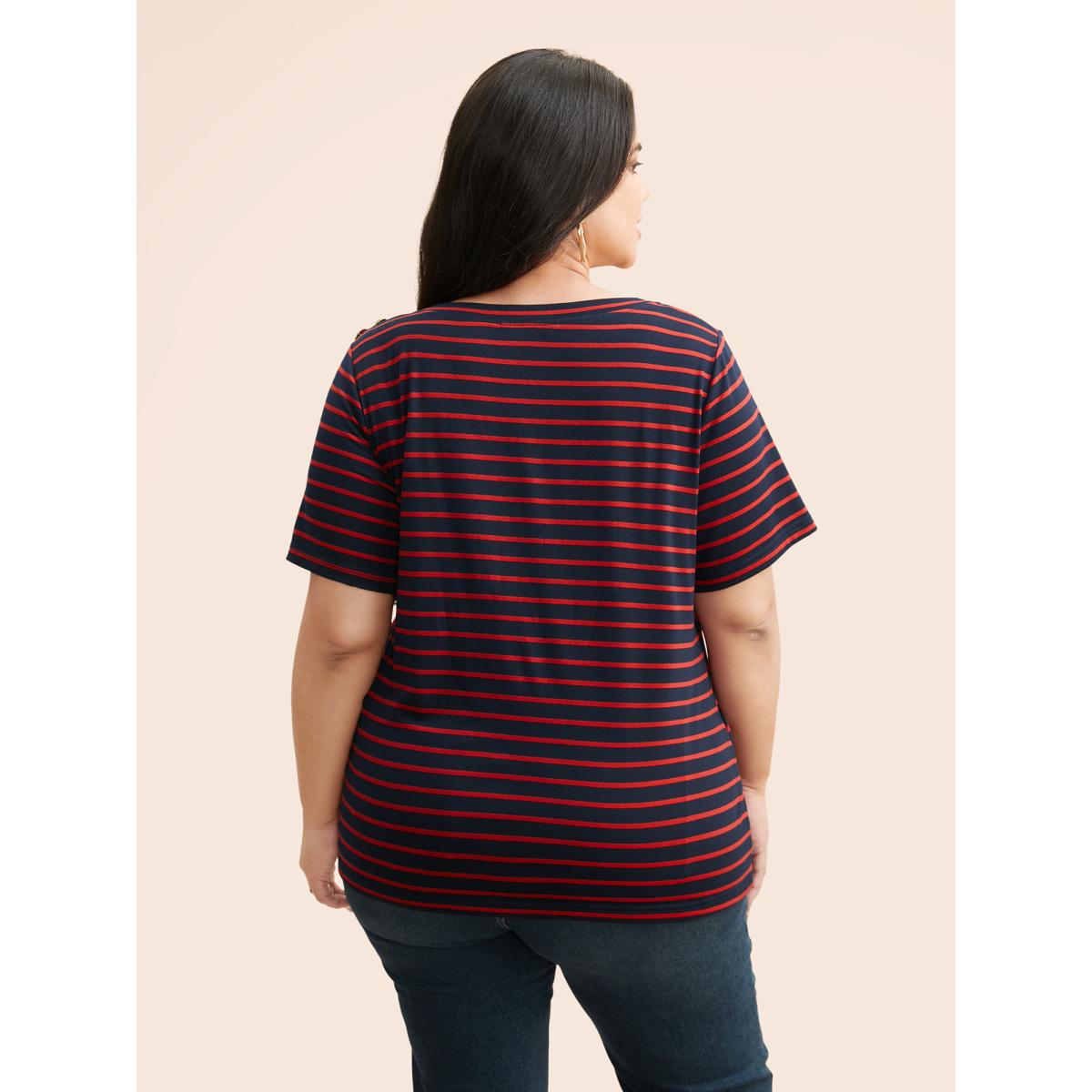 Plus Size Crew Neck Striped Button Detail T-shirt Midnight Women Casual Button Round Neck Everyday T-shirts BloomChic 26/4X Product Image
