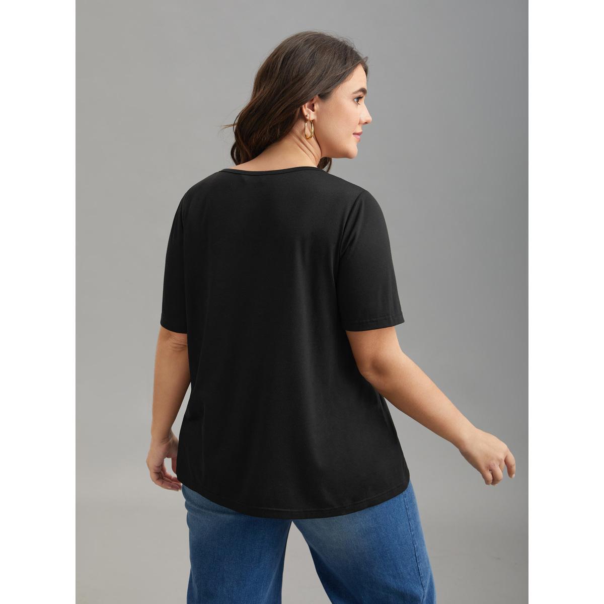 Plus Size Stretchy Ripped Neck Fitted T-Shirt Black Women Leisure Cut-Out Round Neck Casual T-shirts BloomChic 22-24/3X Product Image