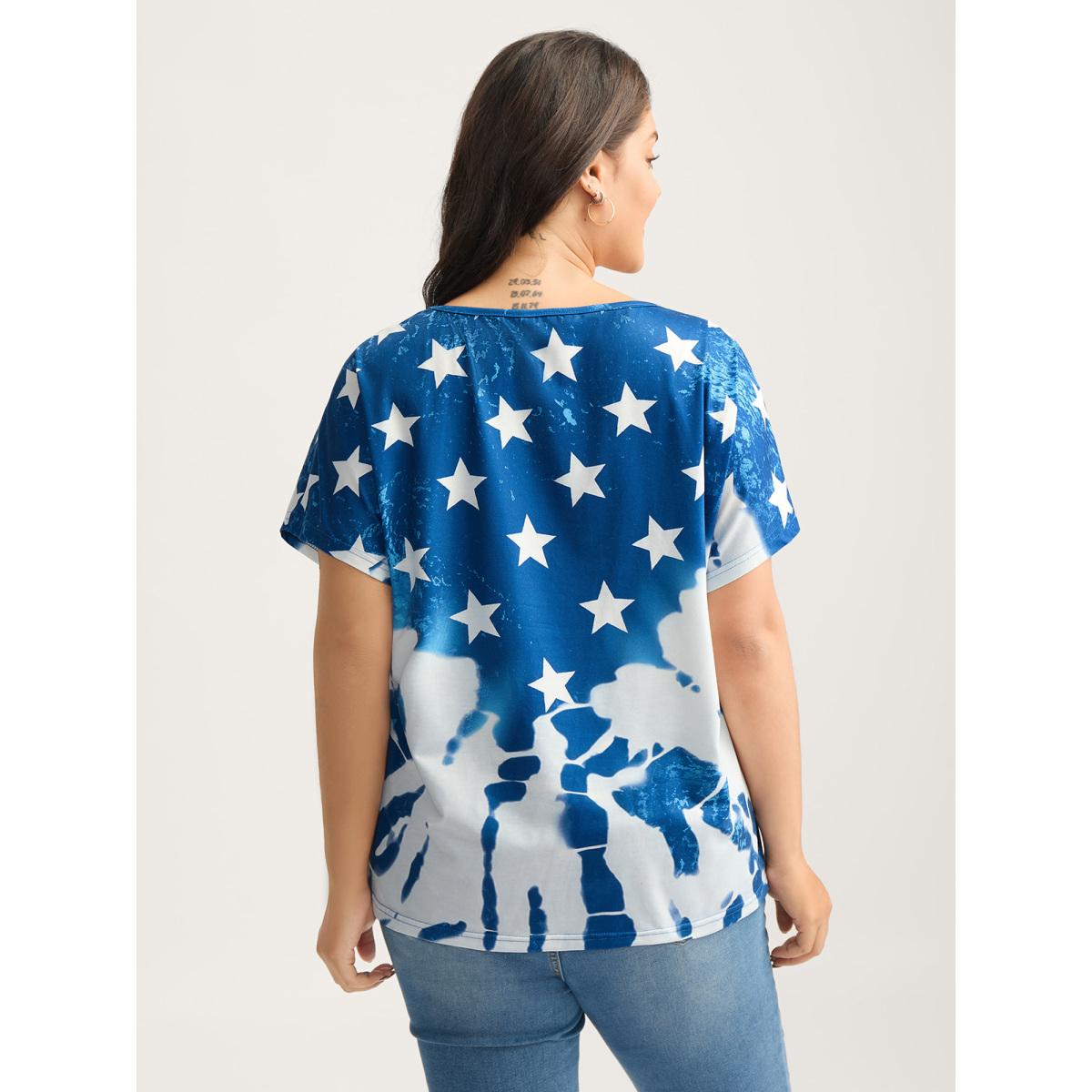 Plus Size Tie-Dye Star Print T-Shirt Mediumblue Women Contrast Country V-neck Everyday-Casual T-shirts BloomChic 10/M Product Image