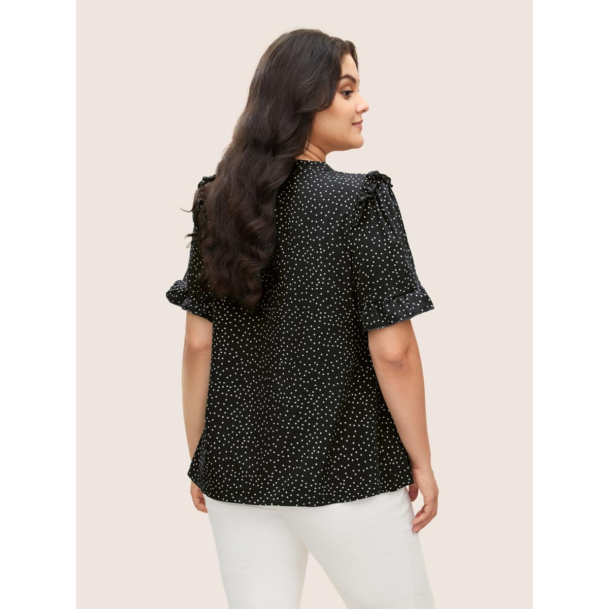 Polka Dot Ruffles Plus Size Women Blouses Elegance Casual Ruffles Ruffle Sleeve Short Sleeve V Neck Dailywear Blouses BloomChic Product Image