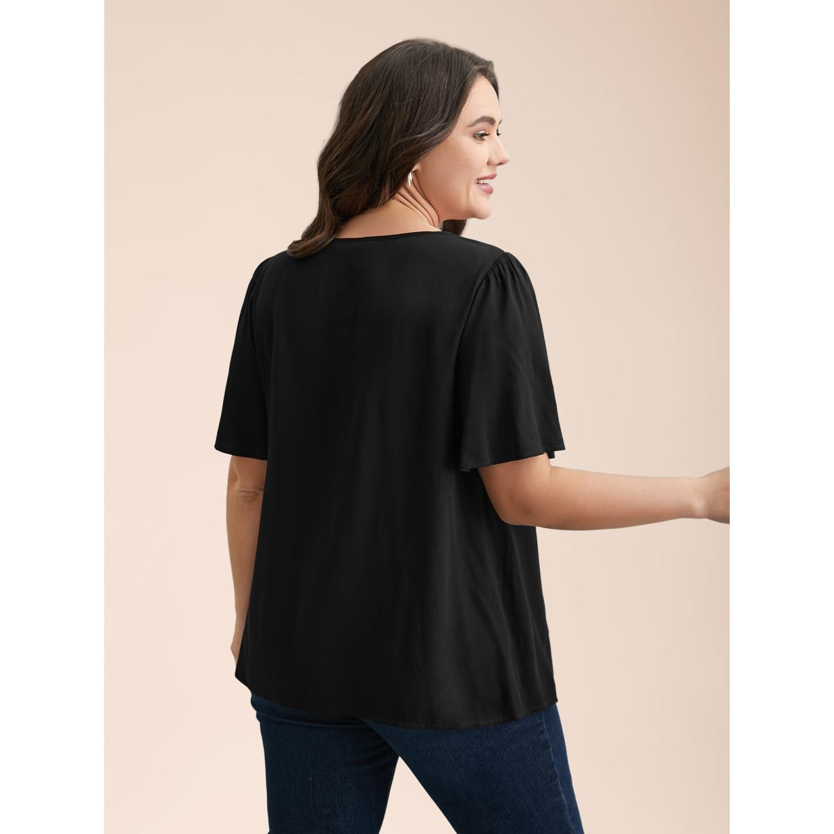 Plus Size Black Floral Embroidery Pleated Front Blouse Women Elegant Short sleeve Round Neck Everyday Blouses BloomChic 18-20/2X Product Image