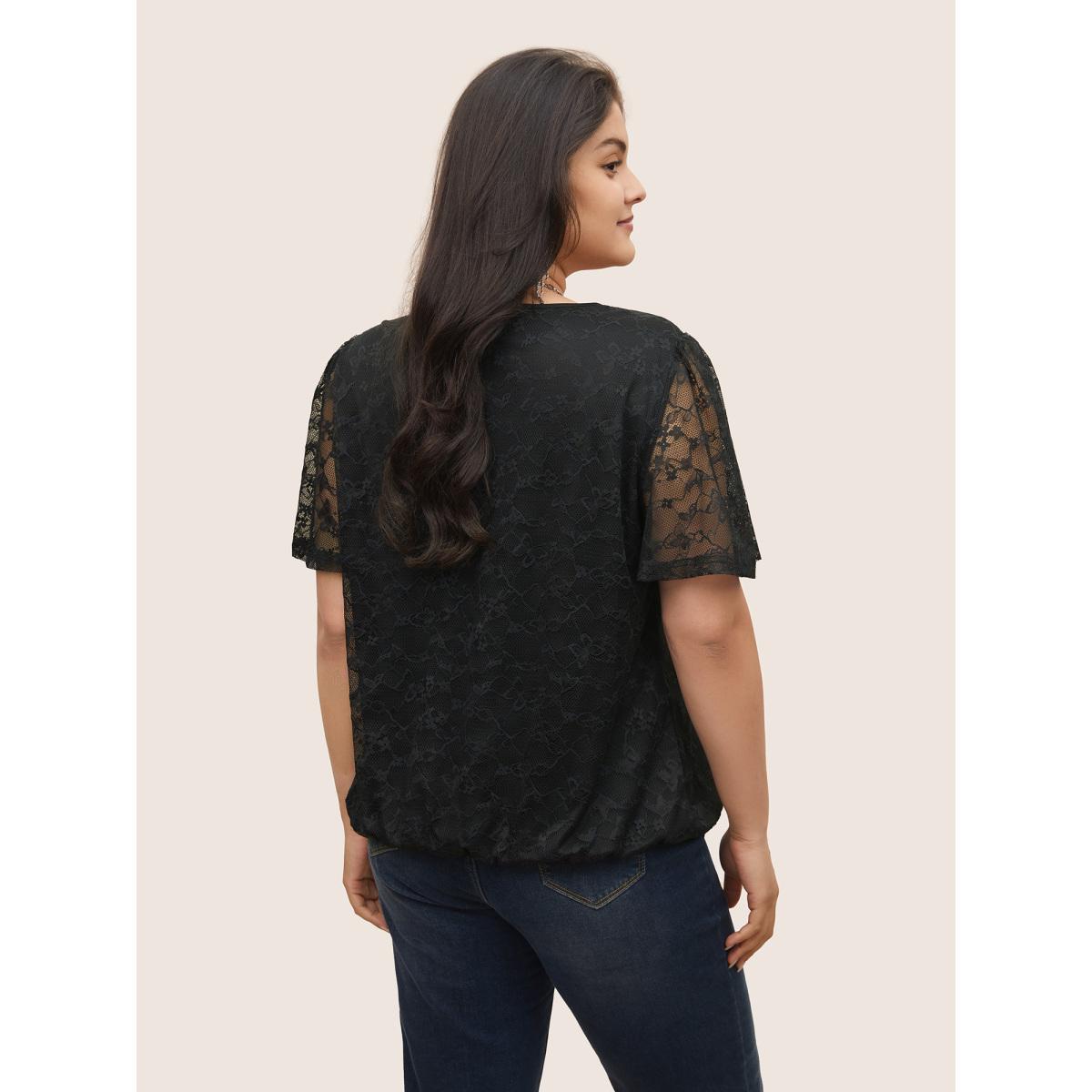 Plus Size Black Overlap Collar Mesh Patchwork Lace Insert Blouse Women Cocktail Short sleeve Overlap Collar Party Blouses BloomChic 14-16/1X Product Image