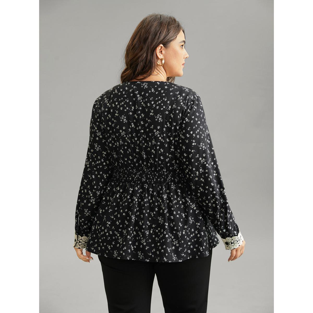 Plus Size Black Ditsy Floral Wrap Shirred Lace Patchwork Blouse Women Elegant Long Sleeve Overlap Collar Vacation Blouses BloomChic 14-16/1X Product Image