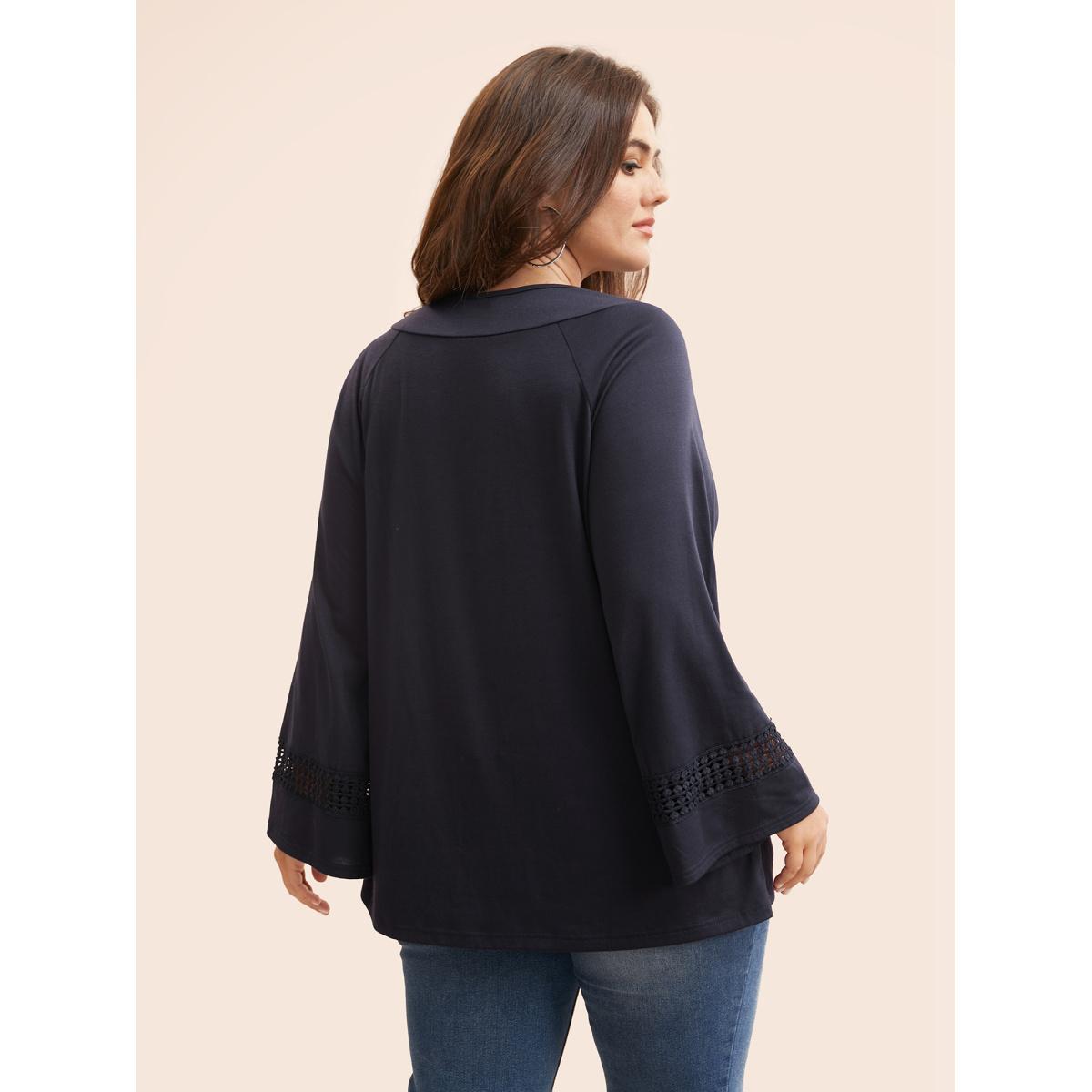 Plus Size Round Neck Lace Trim Raglan Sleeve T-shirt Indigo Women Casual Gathered Round Neck Everyday T-shirts BloomChic 30/6X Product Image