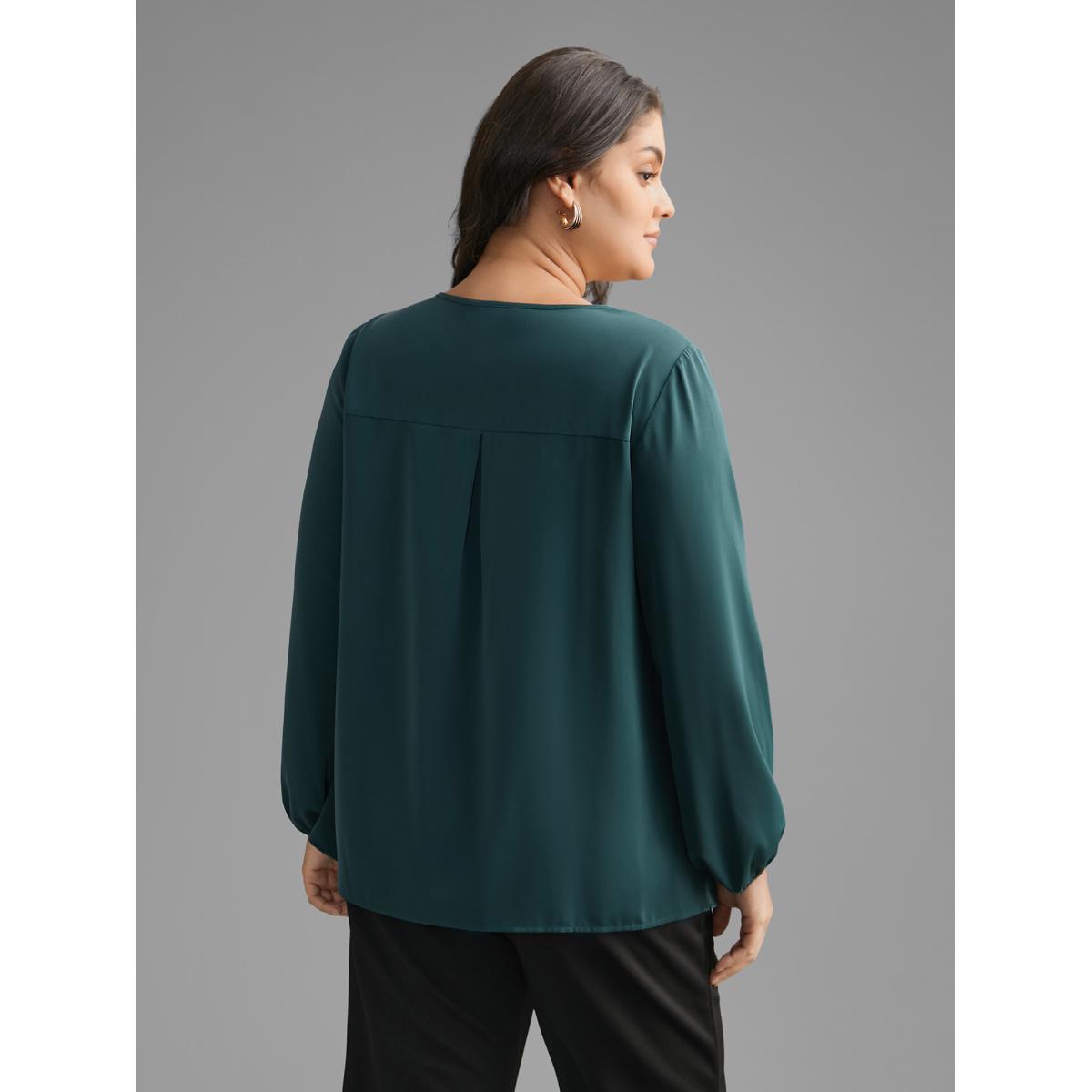 Plus Size DarkSlateGray V Neck Pleated Lantern Sleeve Blouse Women At the Office Long Sleeve V-neck Office Blouses BloomChic 22-24/3X Product Image